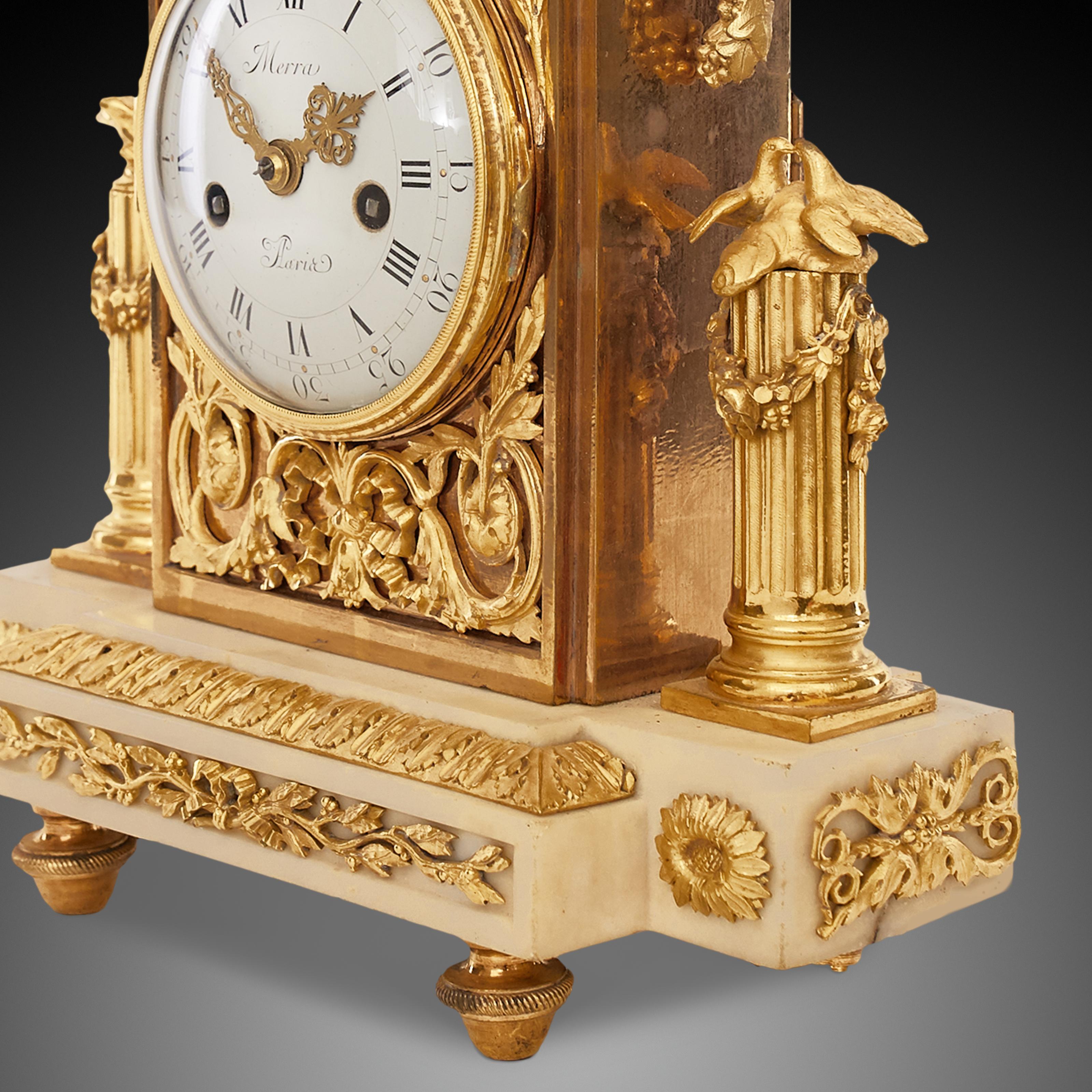 Mantel clock 18th century Louis XV period By Merra À Paris.
The clock is in excellent and perfect working condition. In addition, it was recently cleaned and serviced by a professional clockmaker who specializes in maintaining museums.