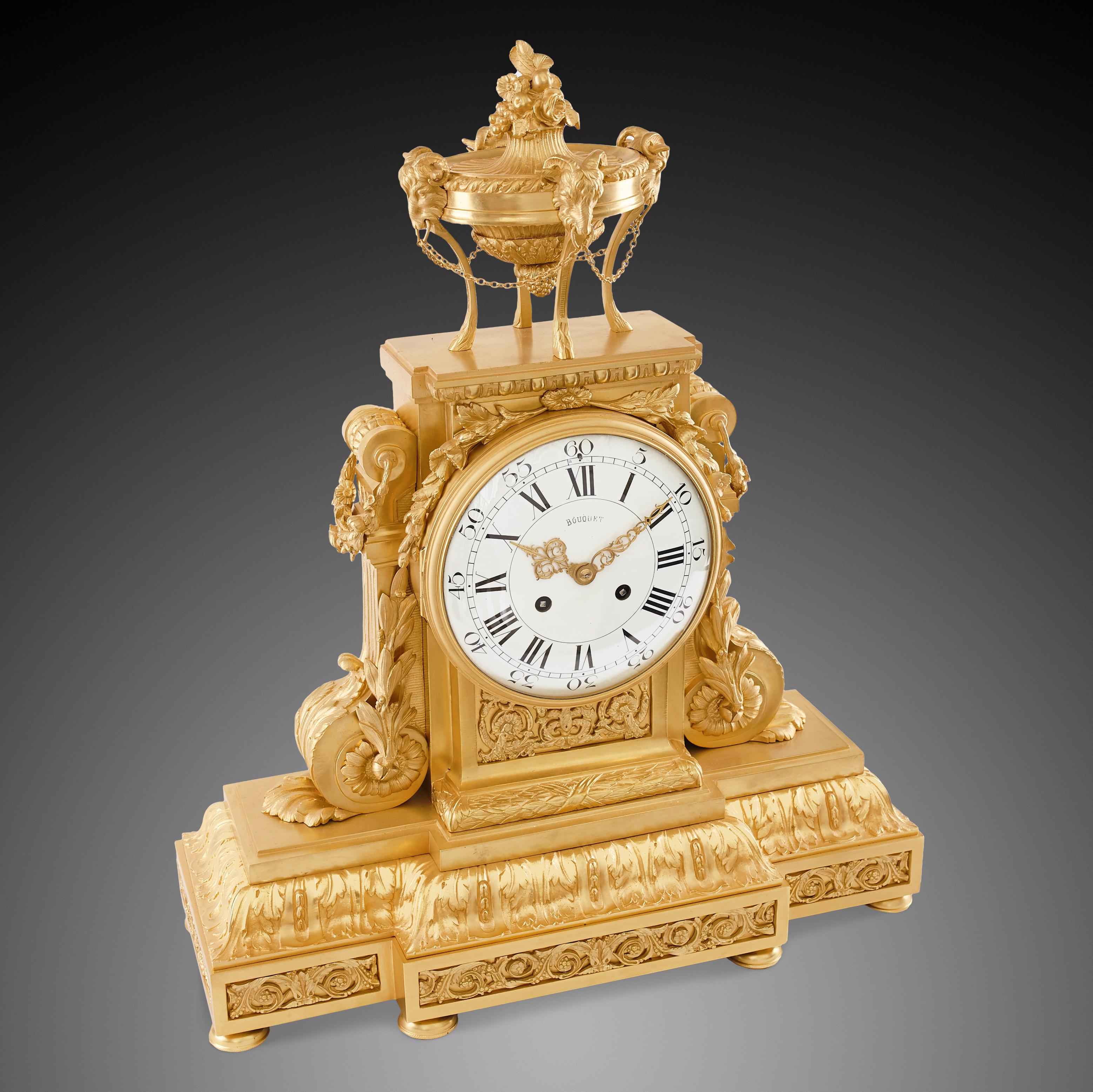 Gilt Mantel Clock 18th Century Louis XVI Period by Bouquet À Paris