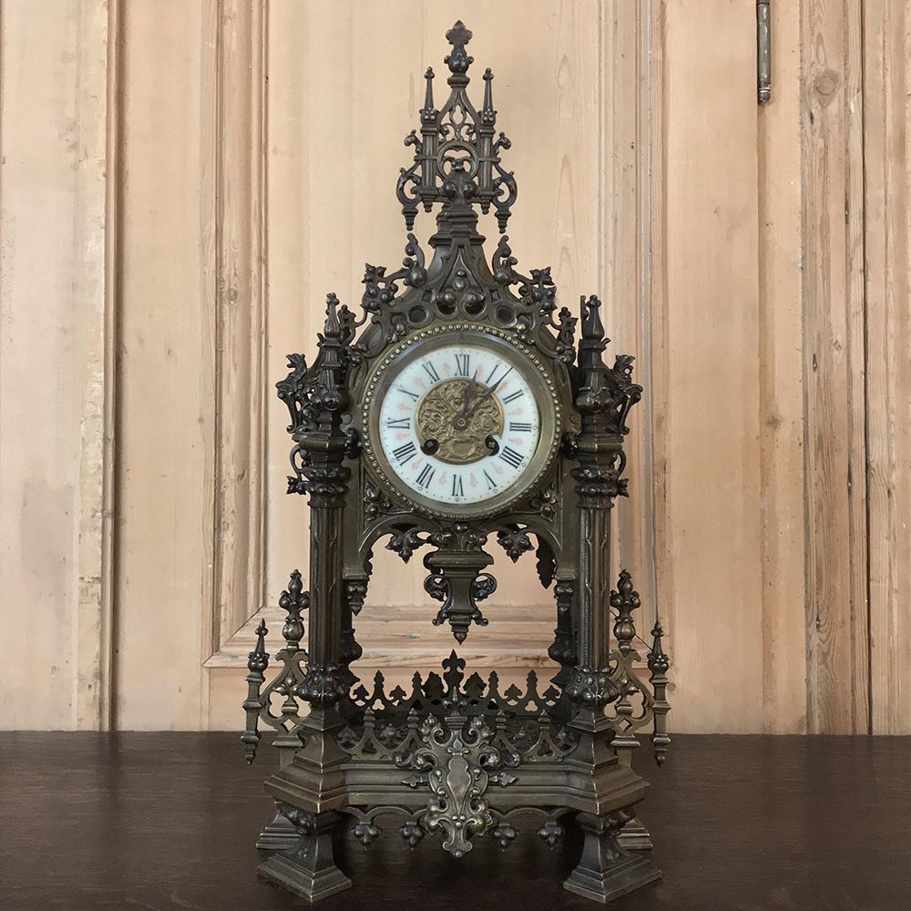Gothic Revival Mantel Clock, 19th Century French Gothic in Bronze