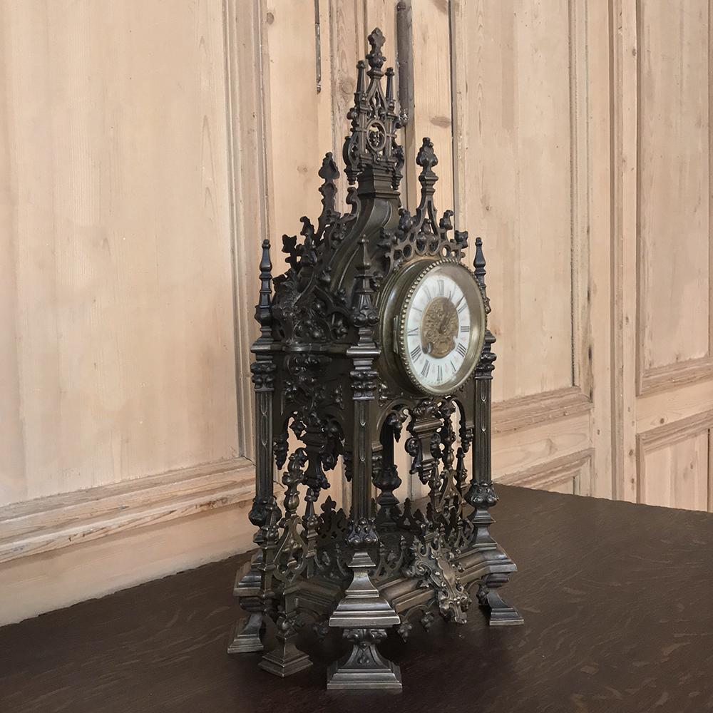 Hand-Crafted Mantel Clock, 19th Century French Gothic in Bronze