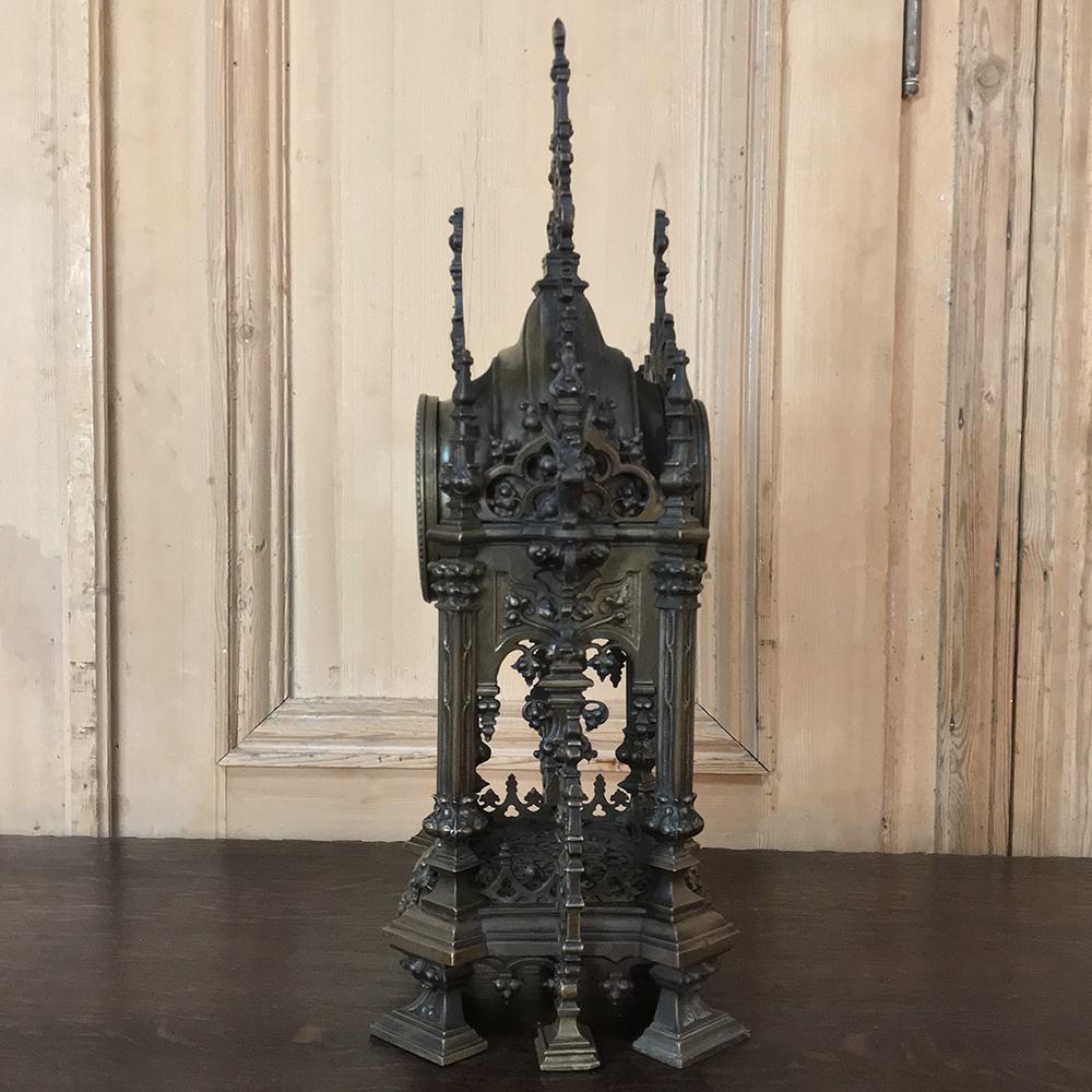 Mantel Clock, 19th Century French Gothic in Bronze In Good Condition In Dallas, TX
