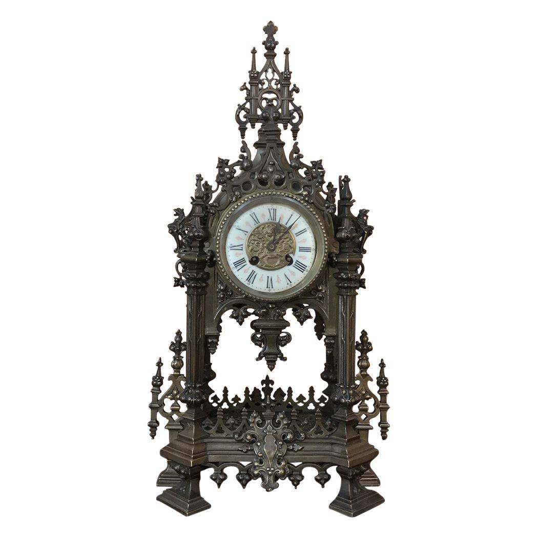 Mantel Clock, 19th Century French Gothic in Bronze