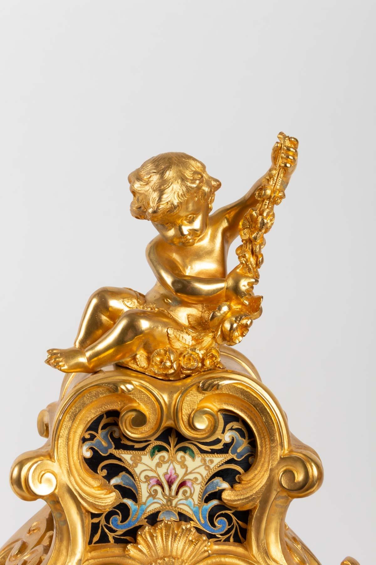 French Mantel Clock, 19th Century, Gilded Bronze, Enamelled and Cloisonné, Napoleon II