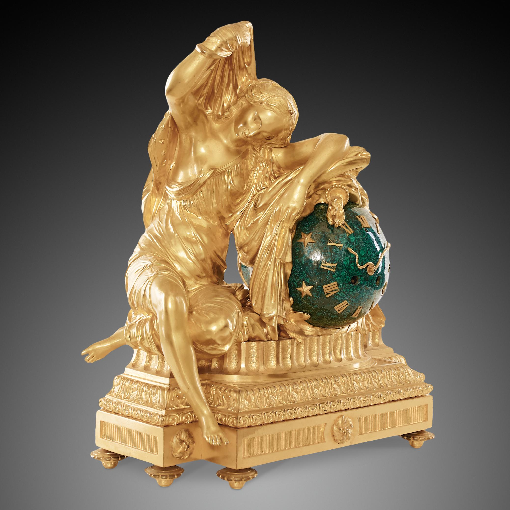 This superb malachite mantel clock dates from the period of Charles X. It is made with extreme precision with attention to the smallest details. The clock has a gold-colored base with delicate, elegant decorations which stands on four decorative