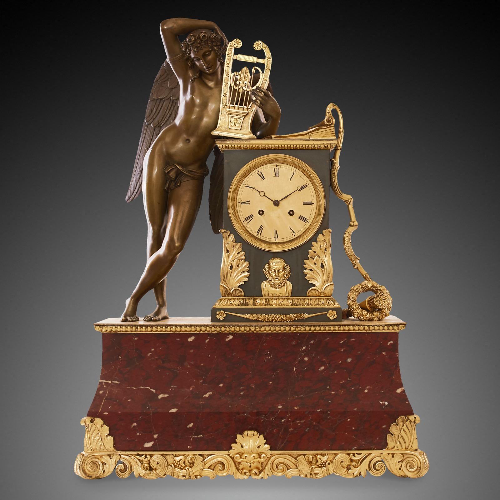 Mantel clock 19th century Louis Philippe Charles X period, Red natural stone.