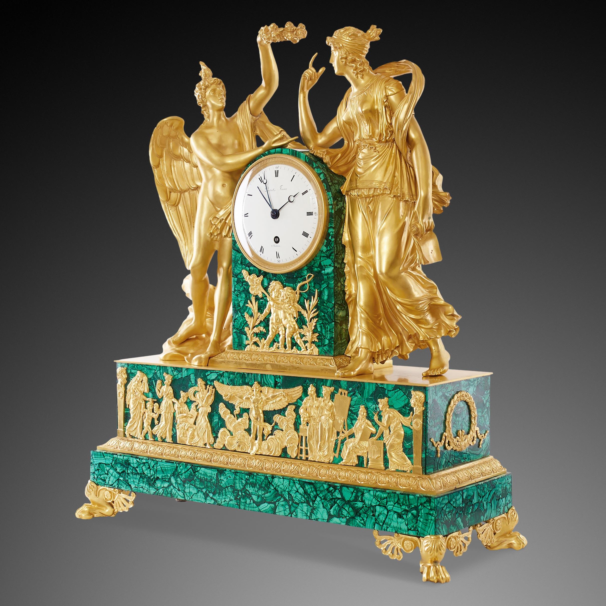 A beautiful big clock gilt bronze and Malachite of the 19th Century styl Louis Philippe Charles X, by Prevost Freres À Toulose