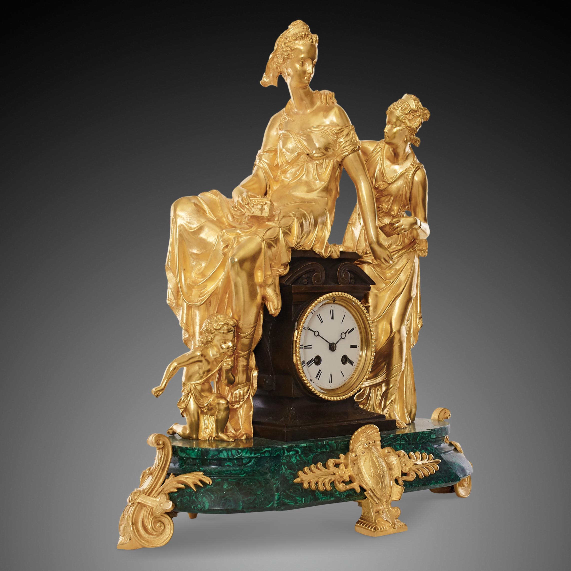Late 19th century neoclassical style clock crafted from gilt bronze with The malachite clock case is supported by ormolu toupie feet, which were very common in that period of time.The mantel clock’s pedestal is made from turquoise malachite and