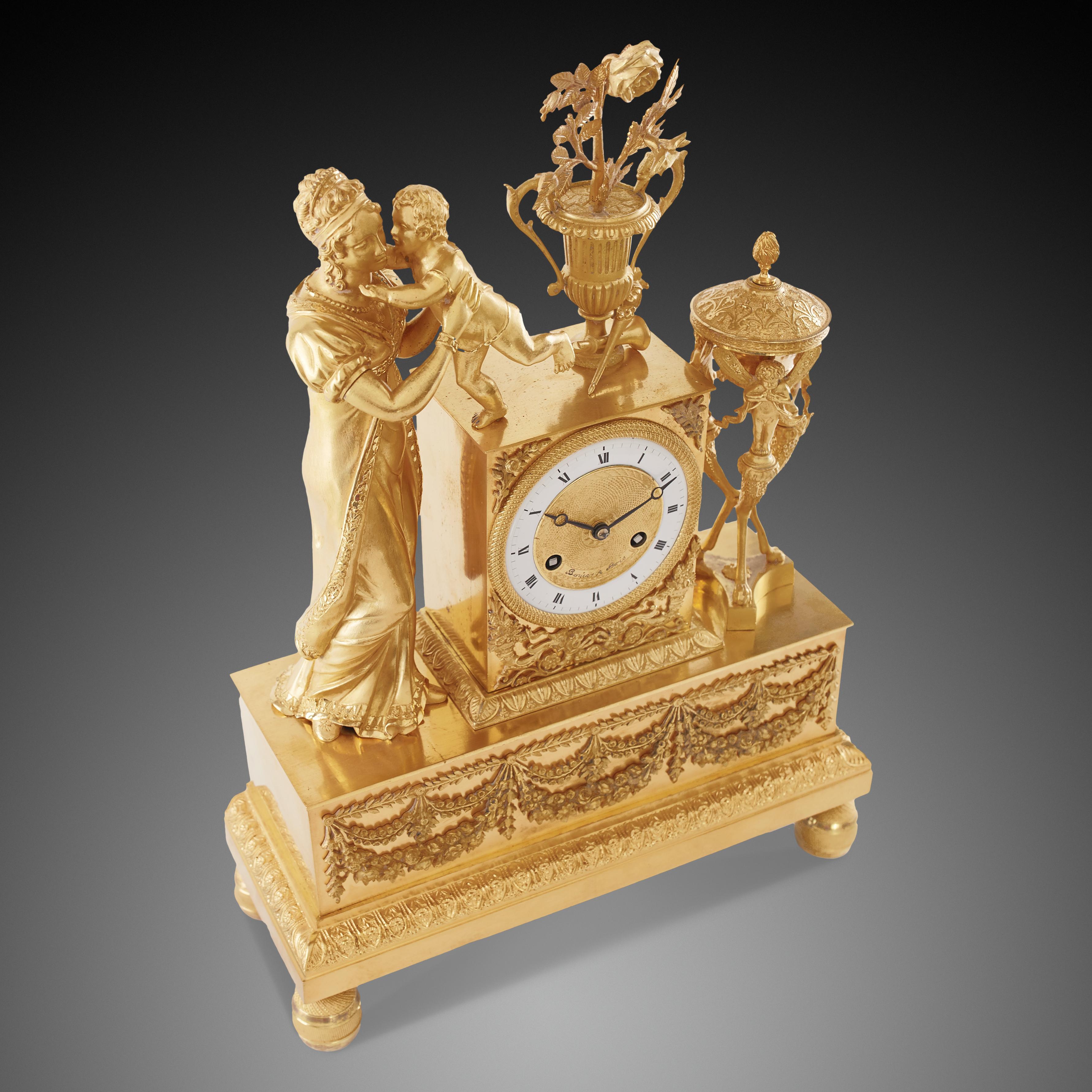 Gilt Mantel Clock 19th Century Styl Empire by Bonieris À Paris For Sale