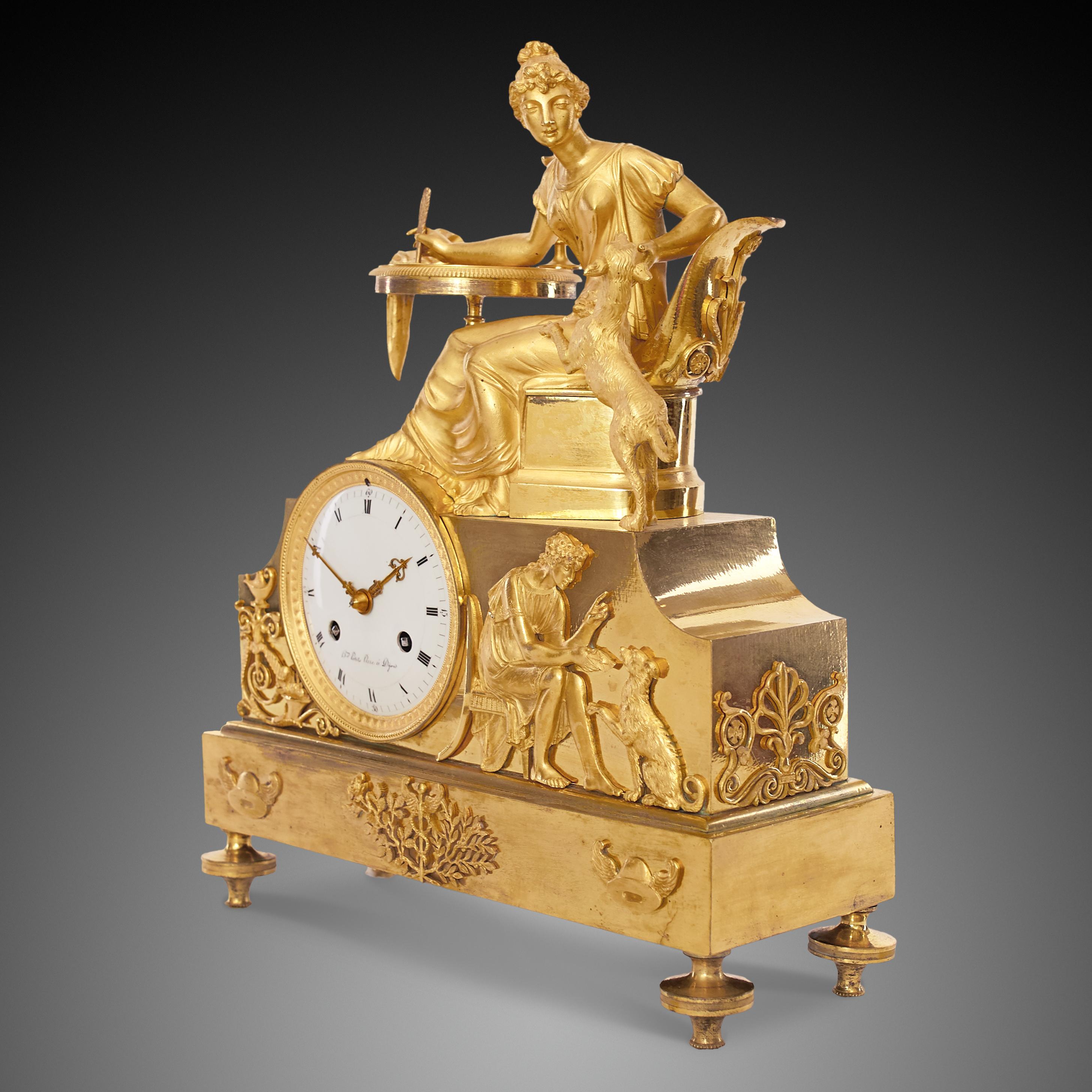 Early 19th century Empire clock crafted of gilt bronze, or ormolu, featuring an allegorical scene with a woman sitting at her work table playing with her dog, symbol of loyalty. The group is set above a raised case containing the dial. On one side