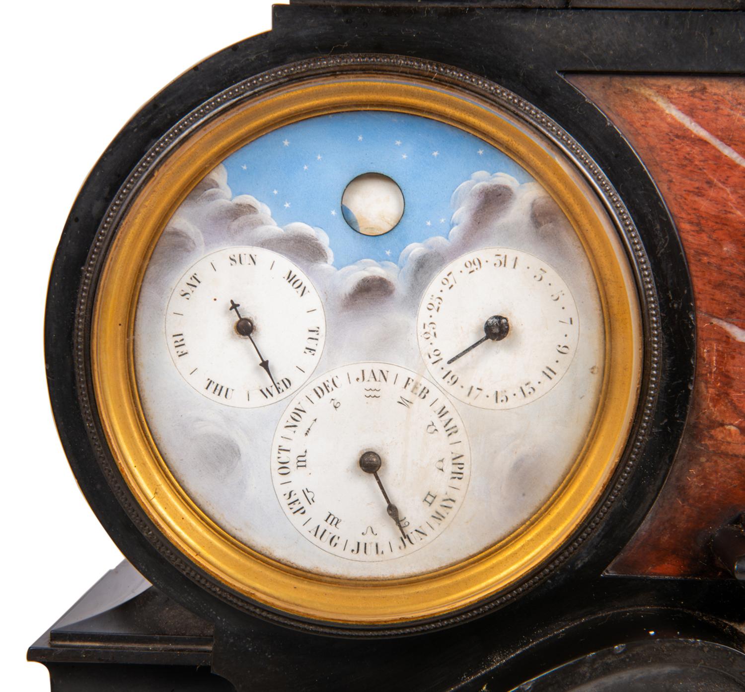 Kaminuhr, Barometer, Mondphase und Ewiger Kalender, 19. Jahrhundert (Handgeschnitzt) im Angebot