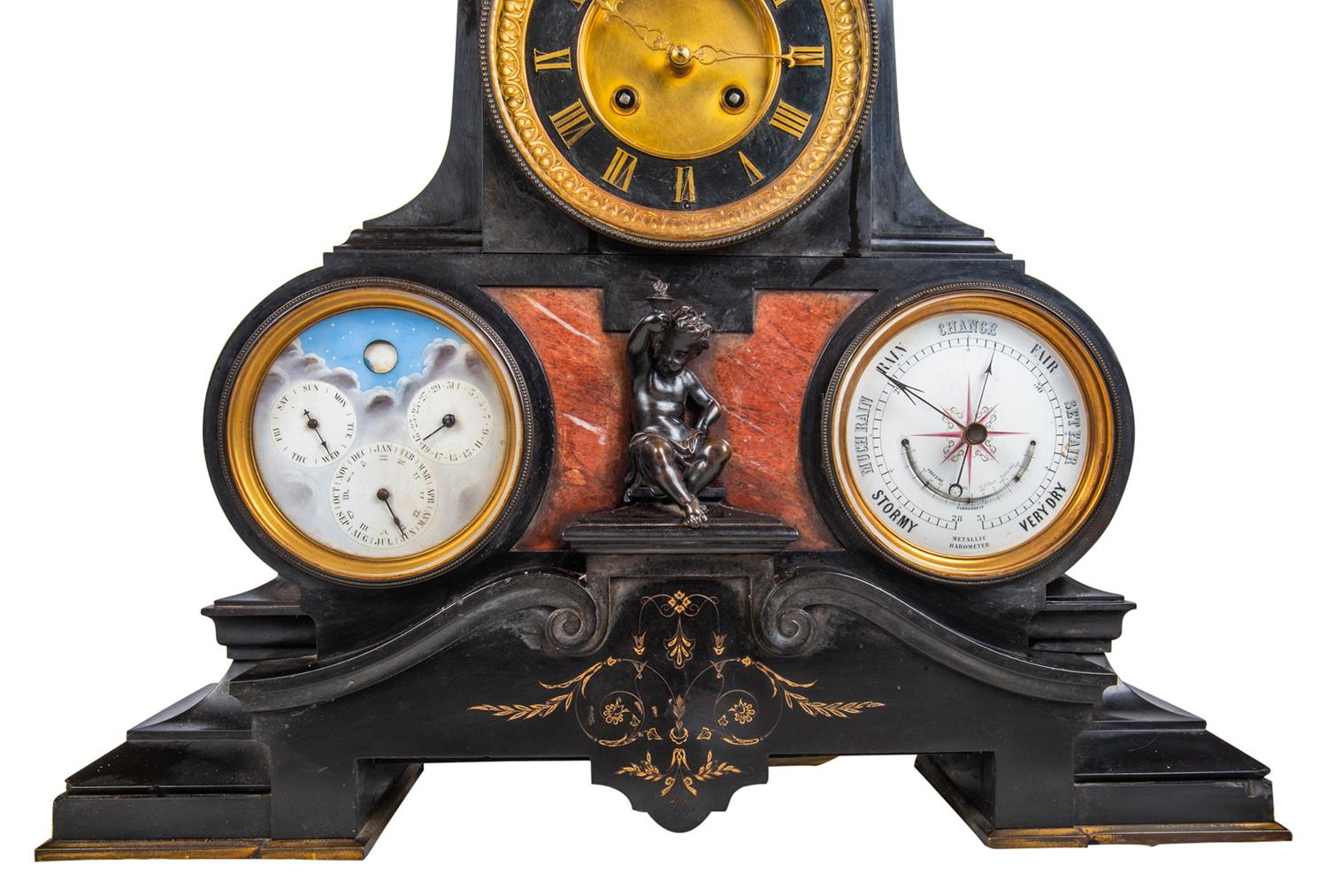 Mantel Clock, Barometer, Moon Phase and Perpetual Calendar, 19th Century In Good Condition For Sale In Brighton, Sussex
