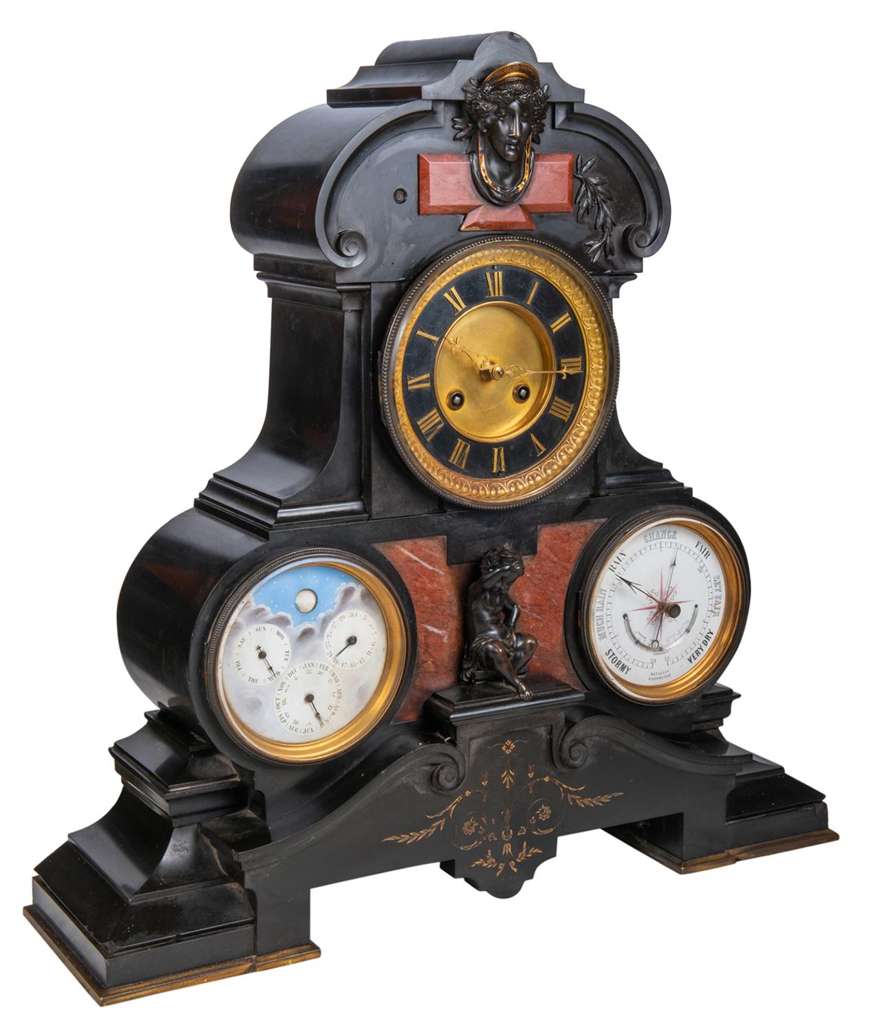 Bronze Mantel Clock, Barometer, Moon Phase and Perpetual Calendar, 19th Century For Sale