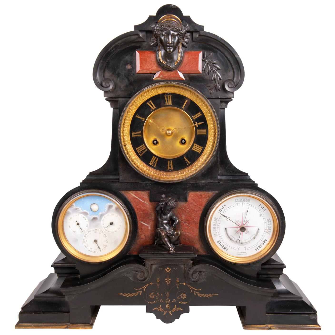 Mantel Clock, Barometer, Moon Phase and Perpetual Calendar, 19th Century
