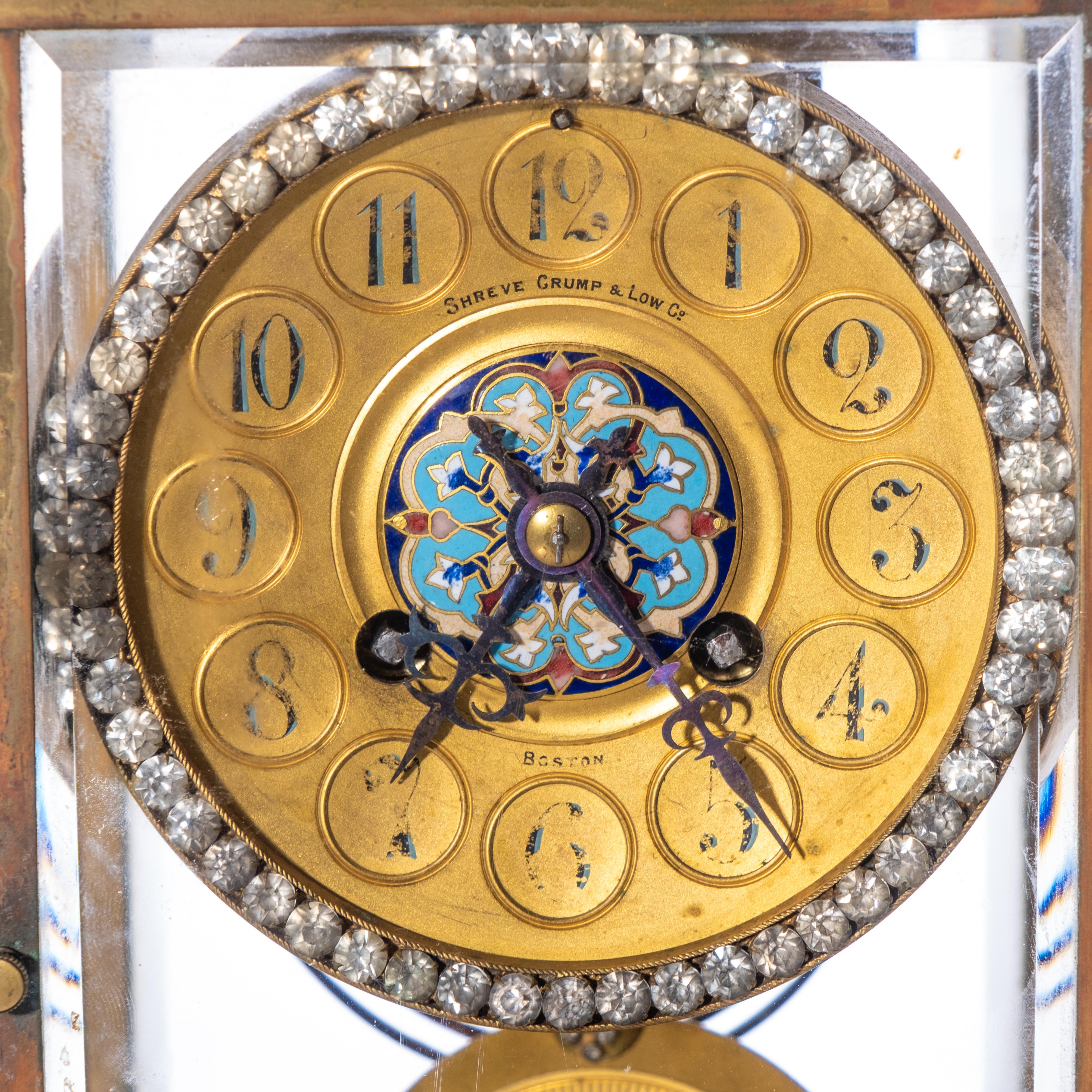 Gilt bronze and cloisonne crystal regulator mantel clock retailed by Shreve Crump & Low Co. with jewel decorated dial. circa 1900.