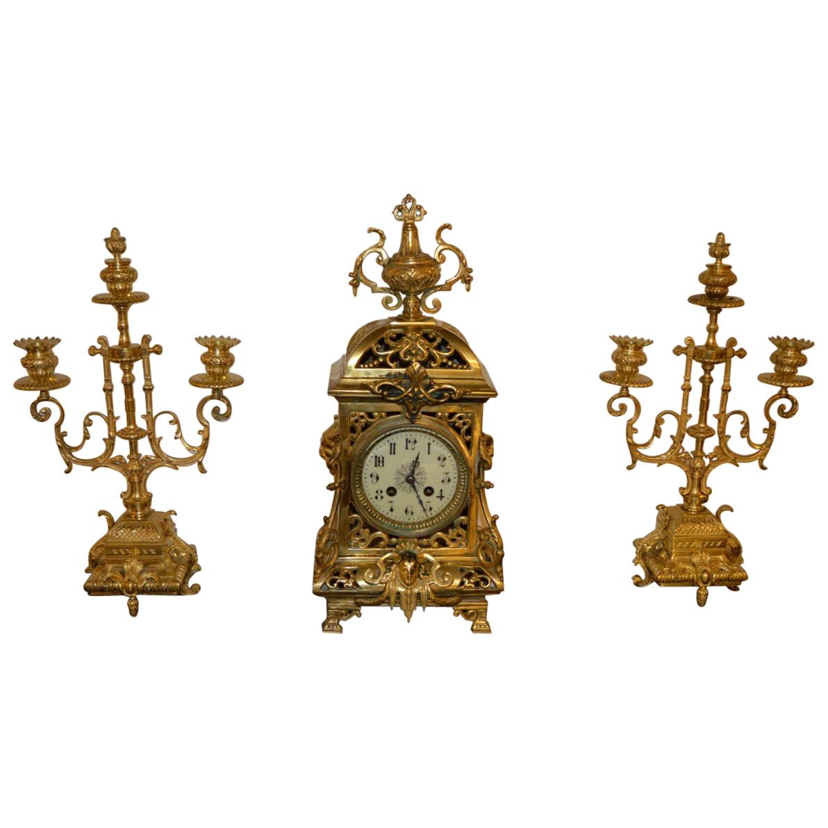 Mantel Clock in Gilded Bronze For Sale