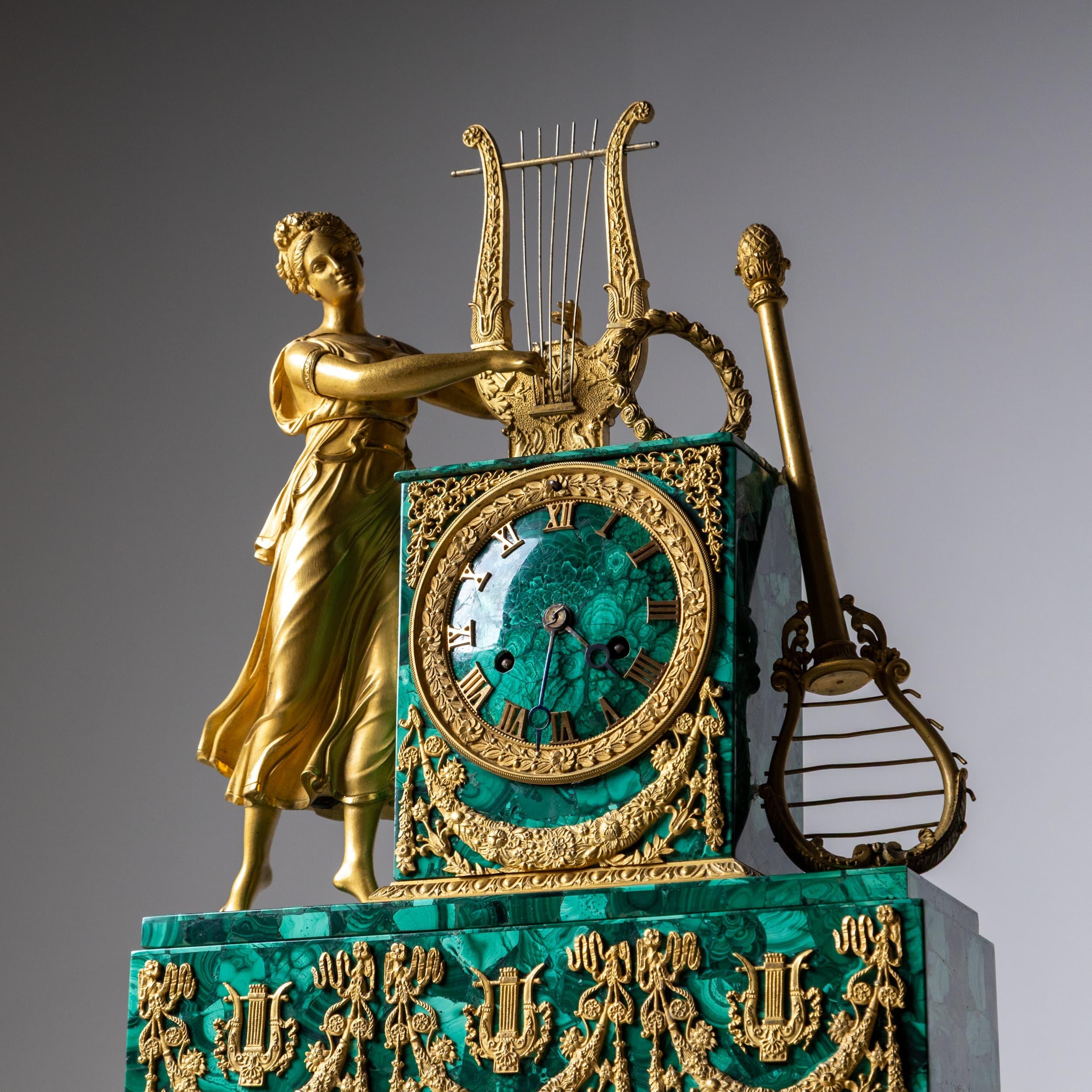 Bronze Mantel Clock in Malachite, 19th Century For Sale