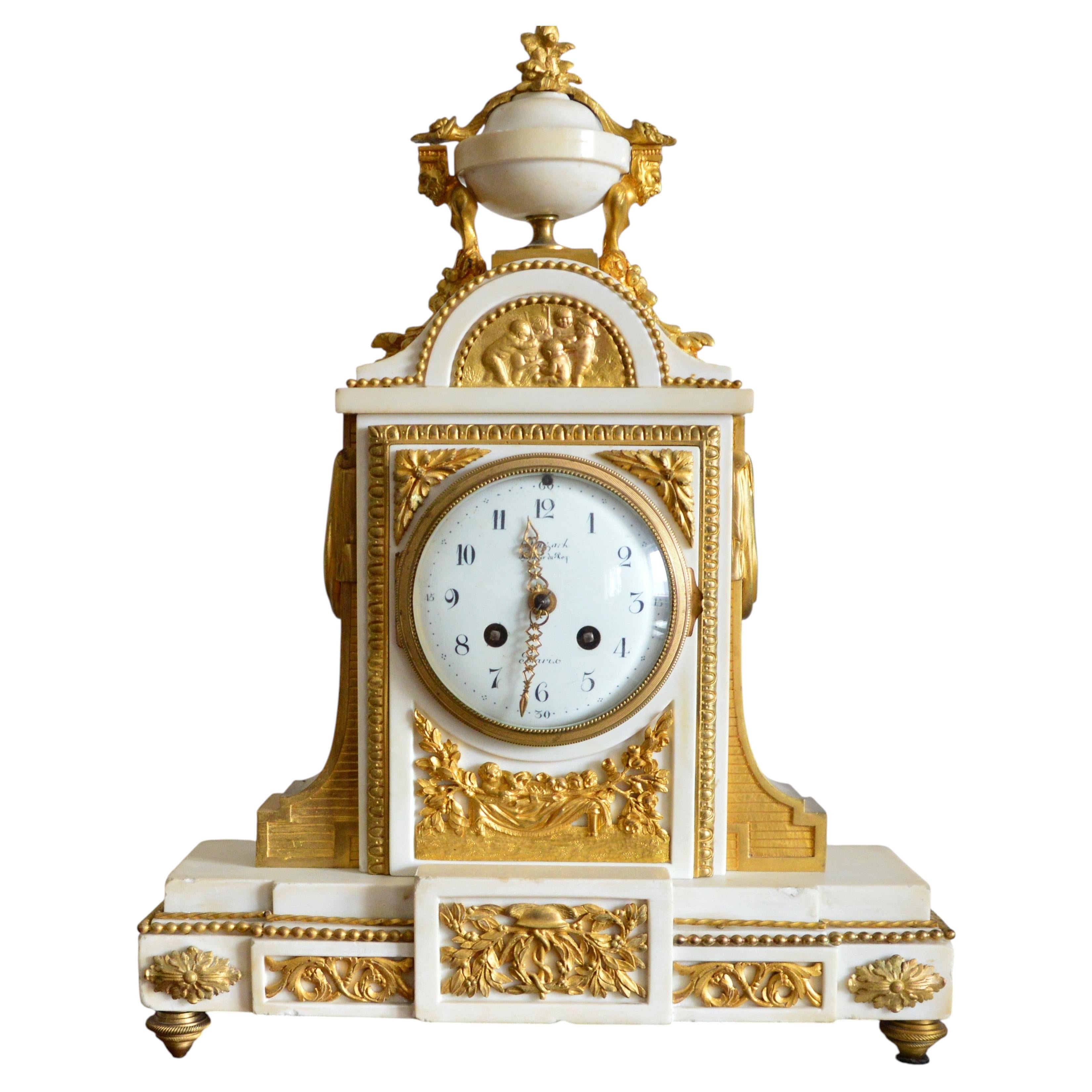 Antique French Mantel Clock, Gilded Bronze & Marble, Empire Revival Louis XVI For Sale