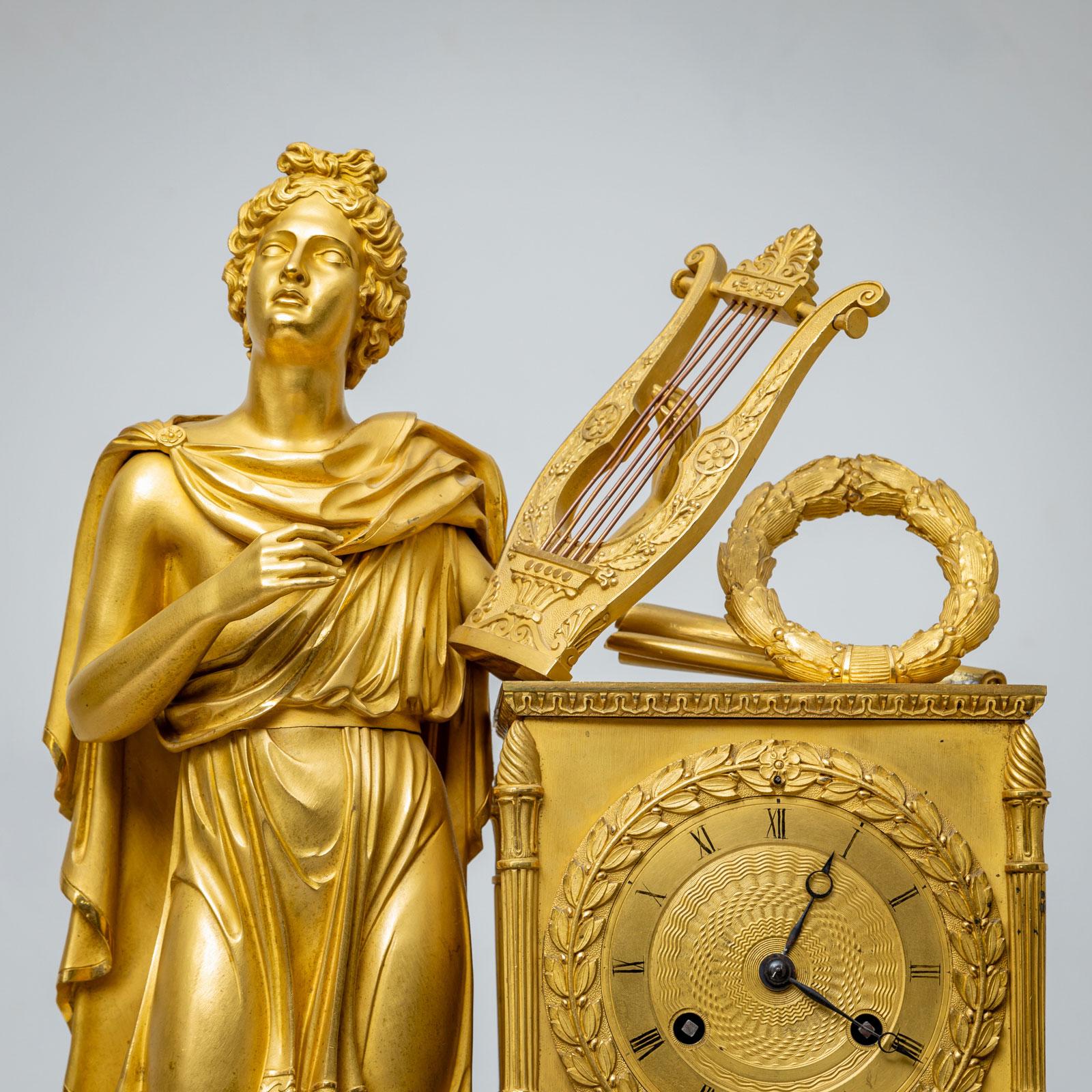 Gilt Mantel Clock with Apollo, Early 19th Century For Sale