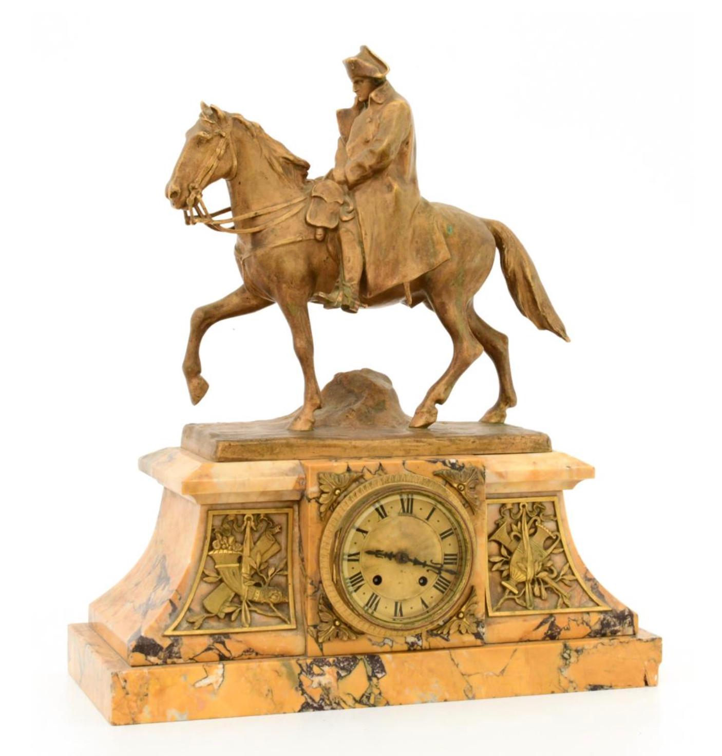 French Gilt Bronze & Marble Mantel Clock with Napoleon Bonaparte on Horseback.
Hans Müller (German, 1873-1937)
Late 19th century
16 1/2 x 14 1/4 x 6 inches