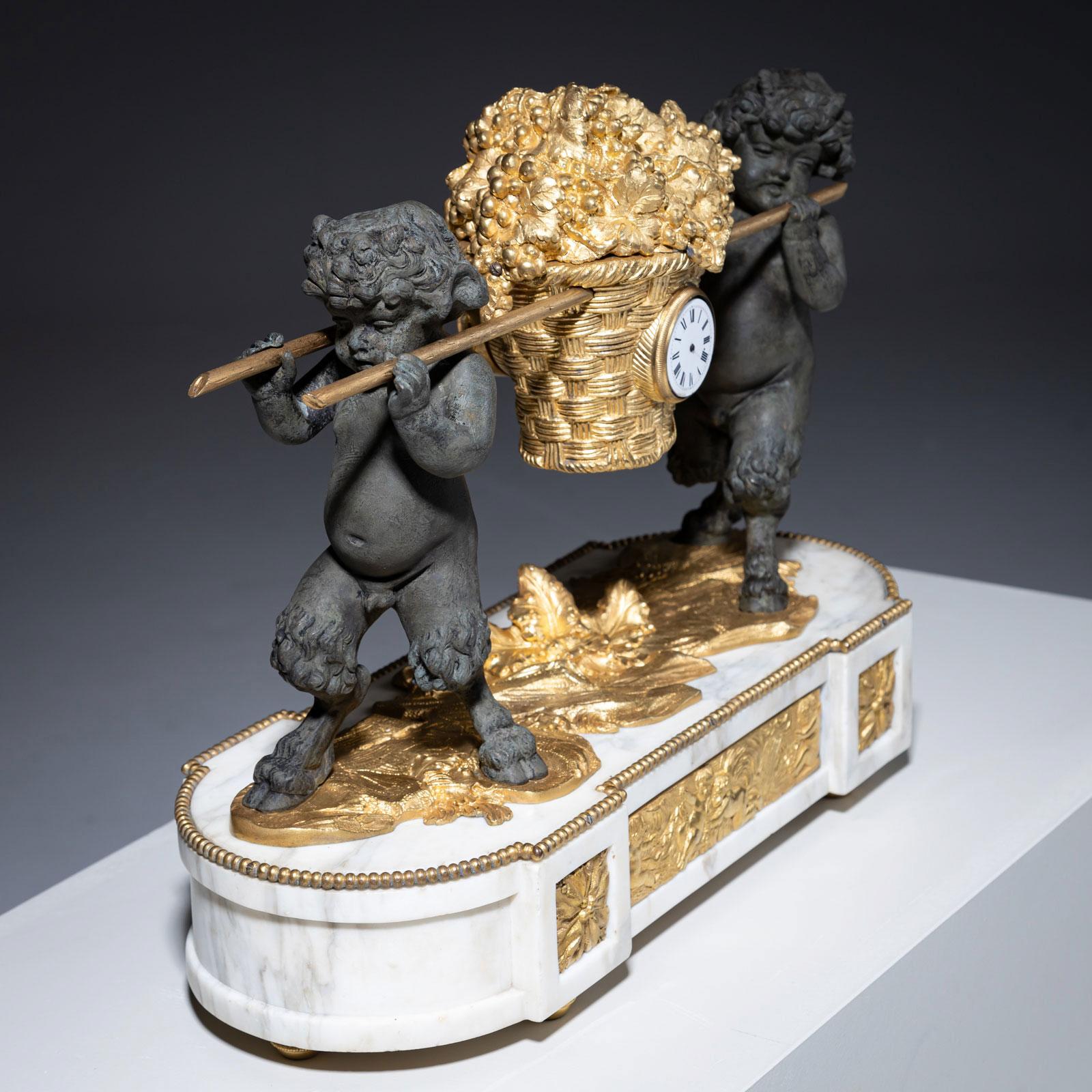 Empire Mantel Clock with small Satyrs, 1st Half 19th Century For Sale