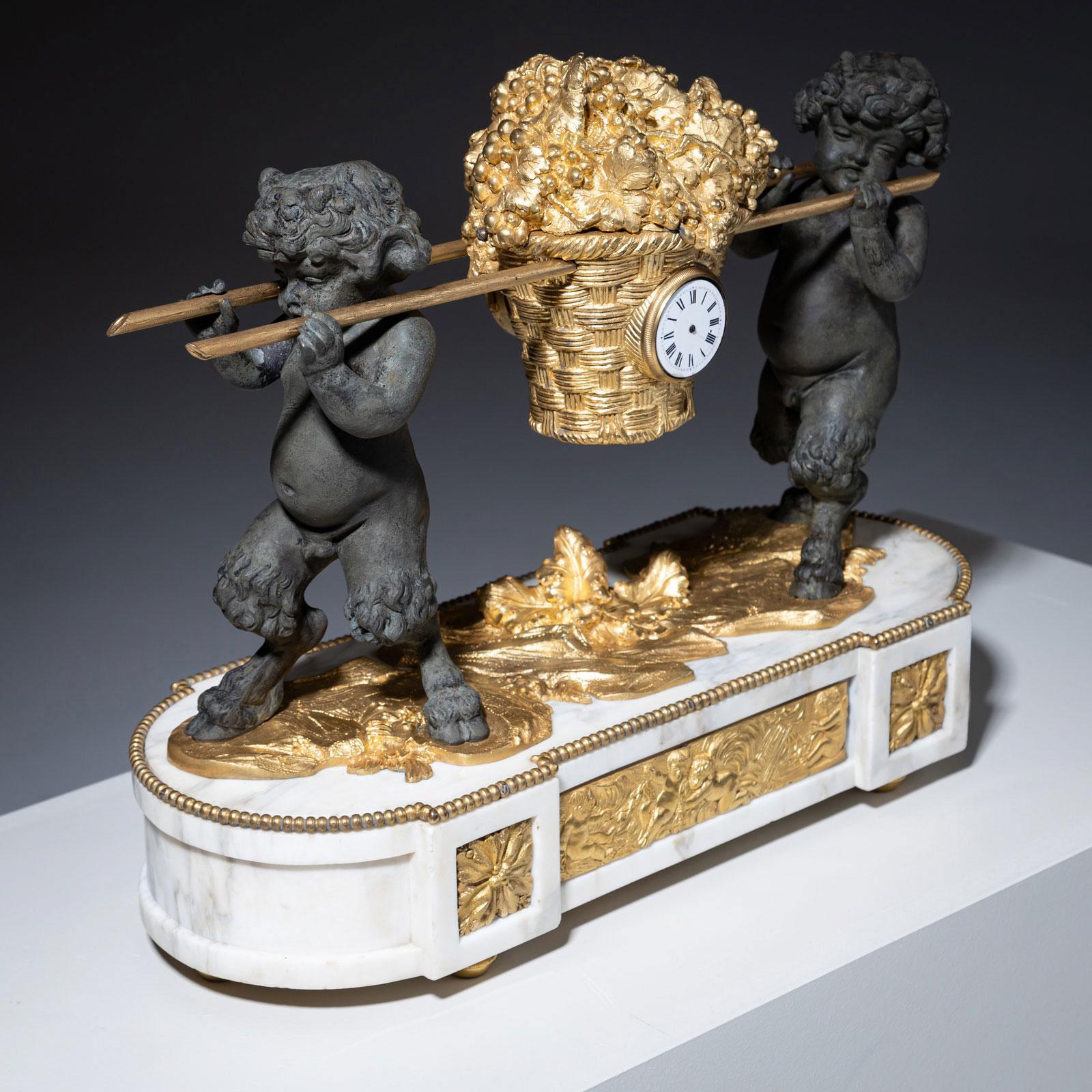 French Mantel Clock with small Satyrs, 1st Half 19th Century For Sale