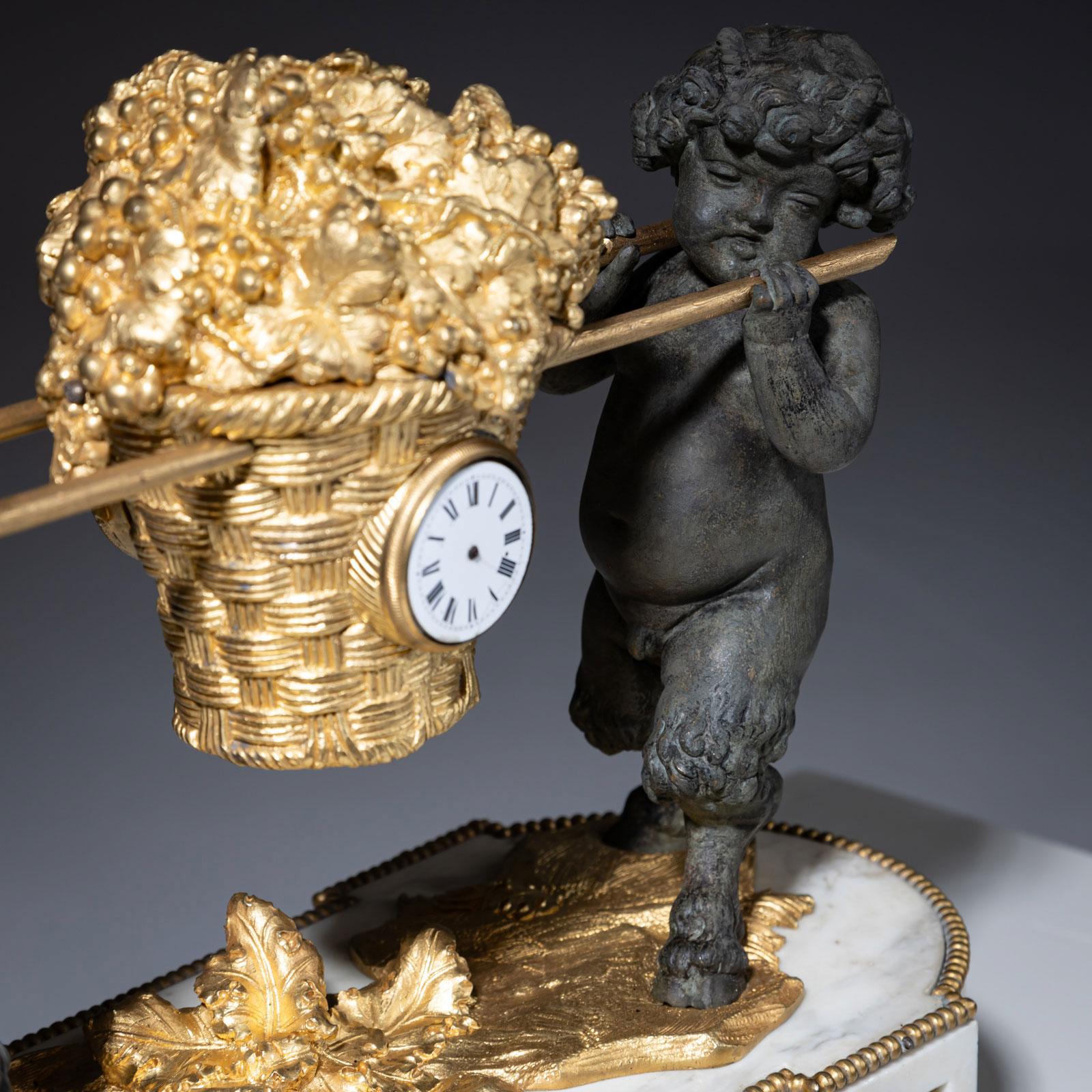 Bronze Mantel Clock with small Satyrs, 1st Half 19th Century For Sale