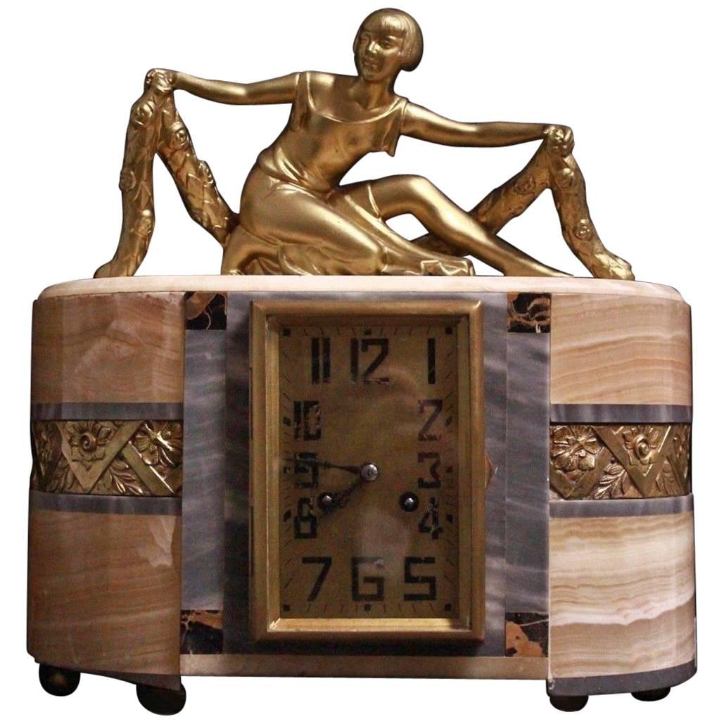Mantel French Art Deco Clock Lady Art Nouveau