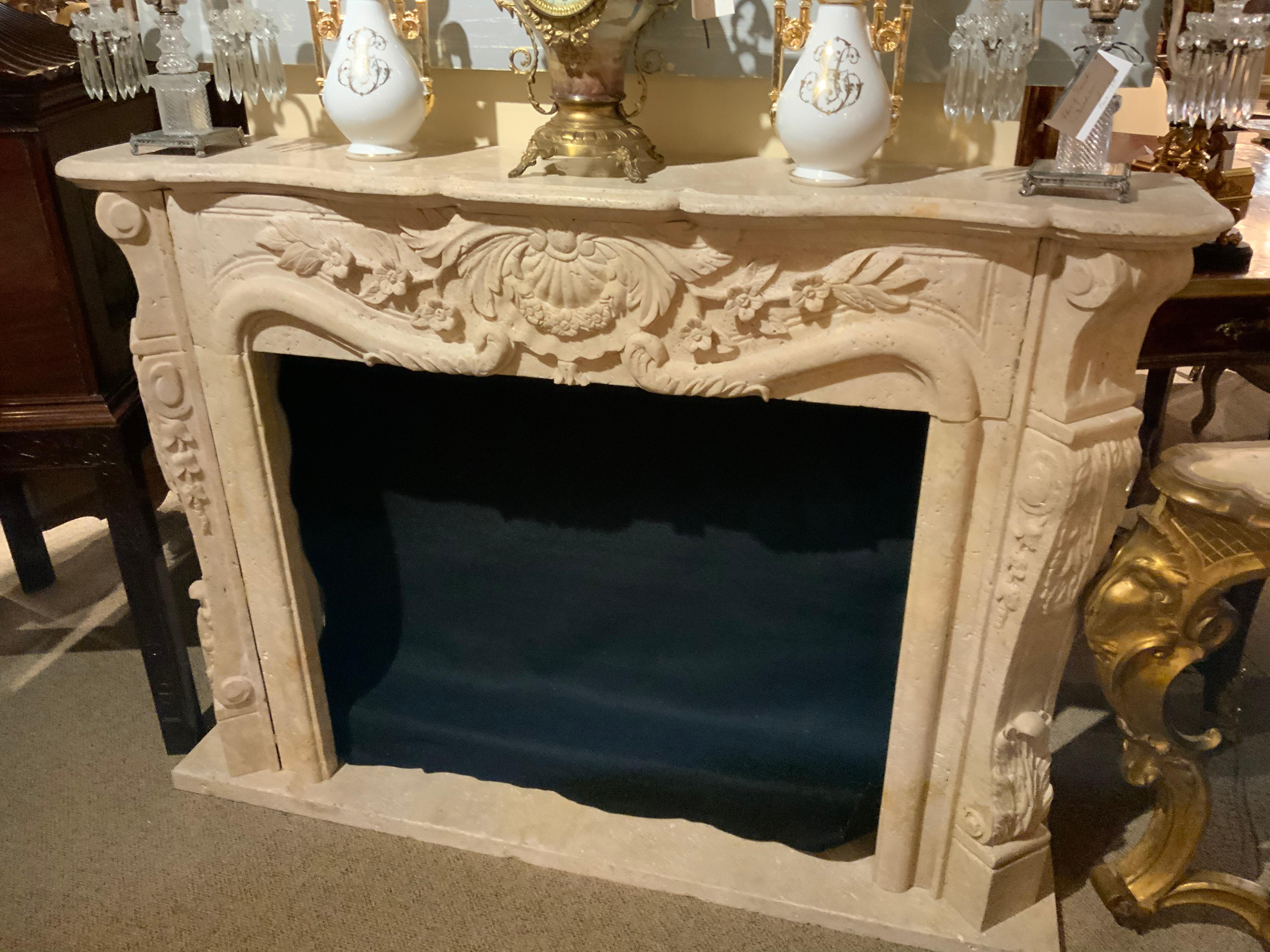 Chinese Mantel in Hand Carved Travertine, Cream Color