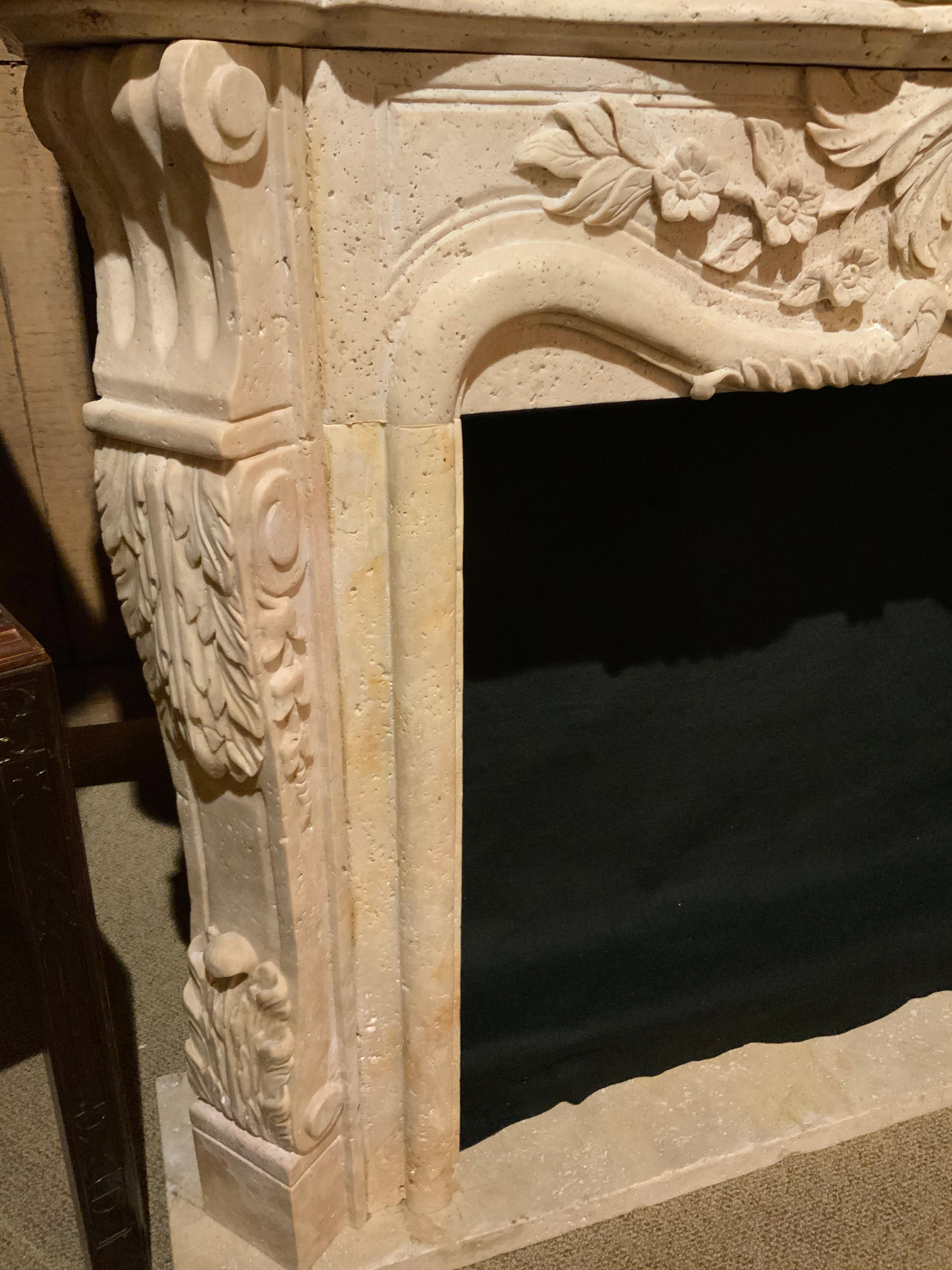 Hand-Carved Mantel in Hand Carved Travertine, Cream Color