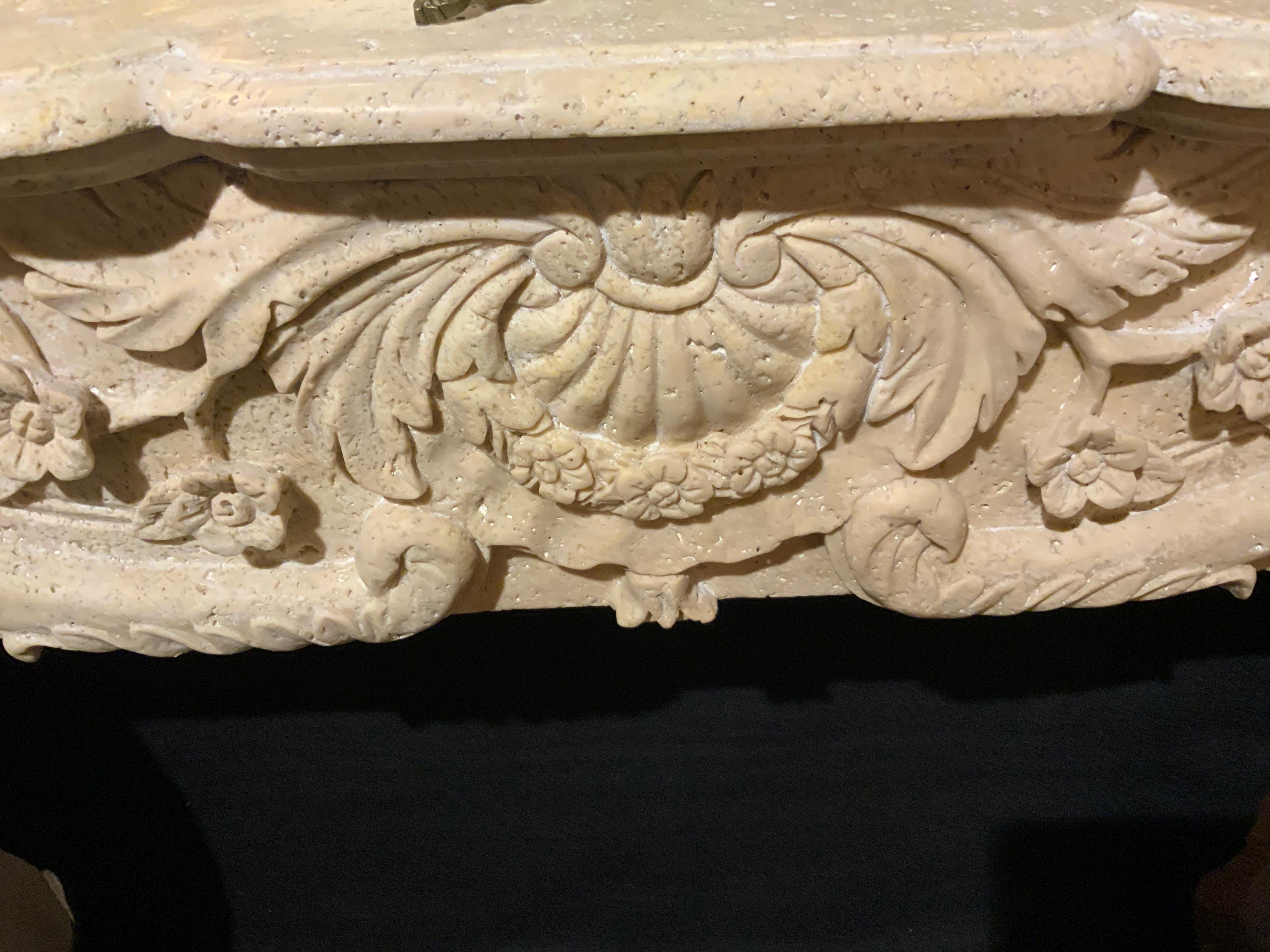 Mantel in Hand Carved Travertine, Cream Color In New Condition In Houston, TX