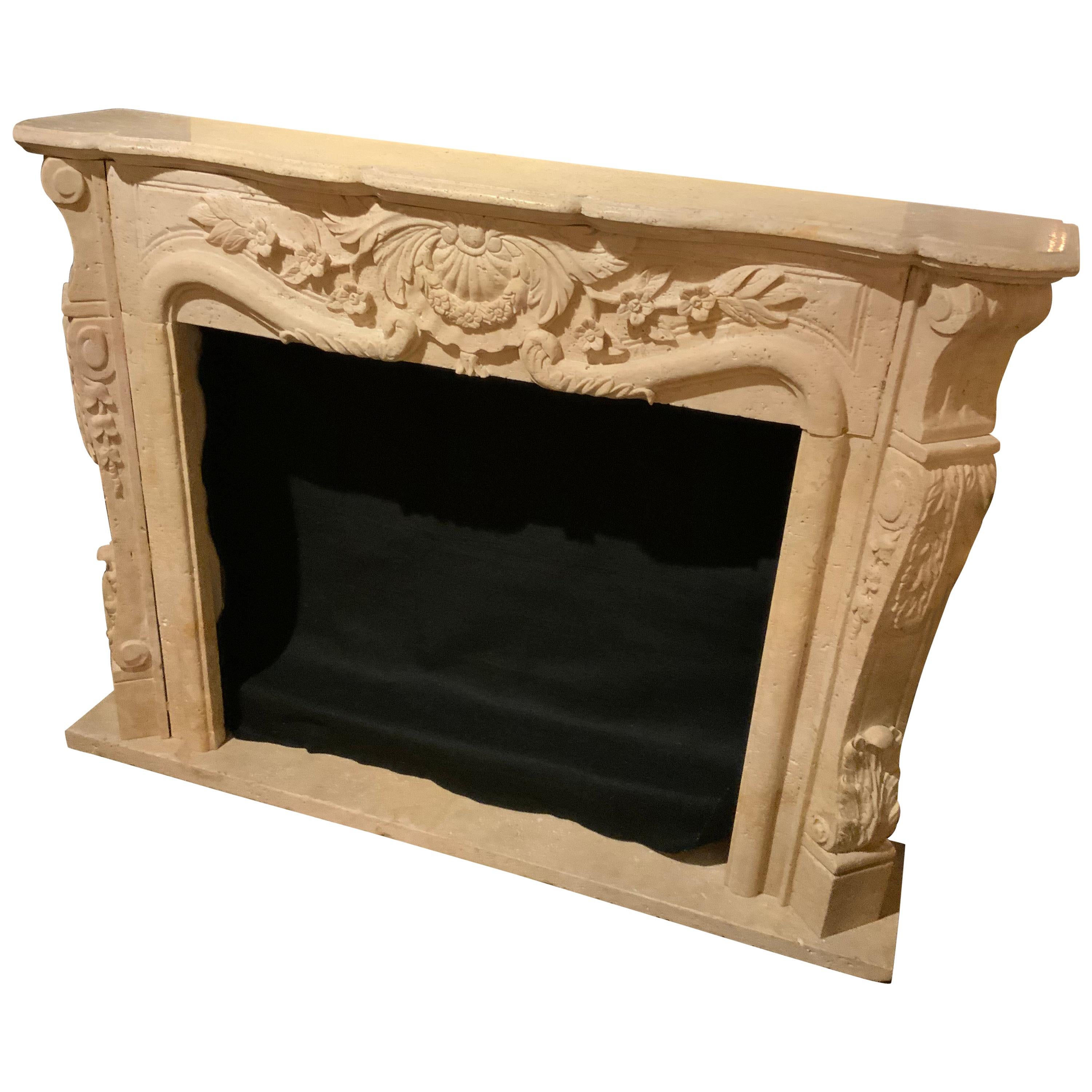 Mantel in Hand Carved Travertine, Cream Color