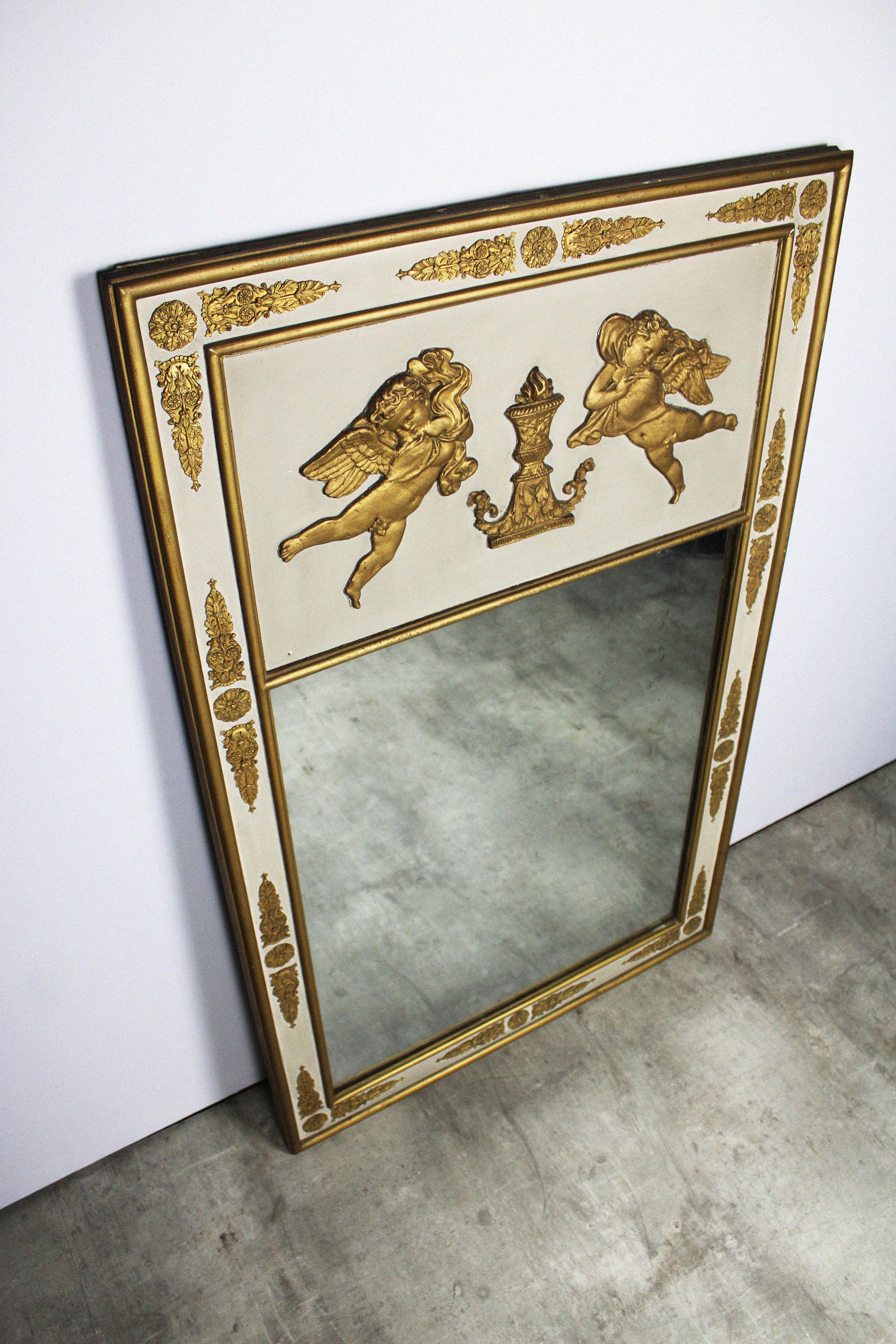 Neoclassical Mantel Mirror Gold Leaf White Gilt Wood Renaissance Rococo 19th Century France For Sale