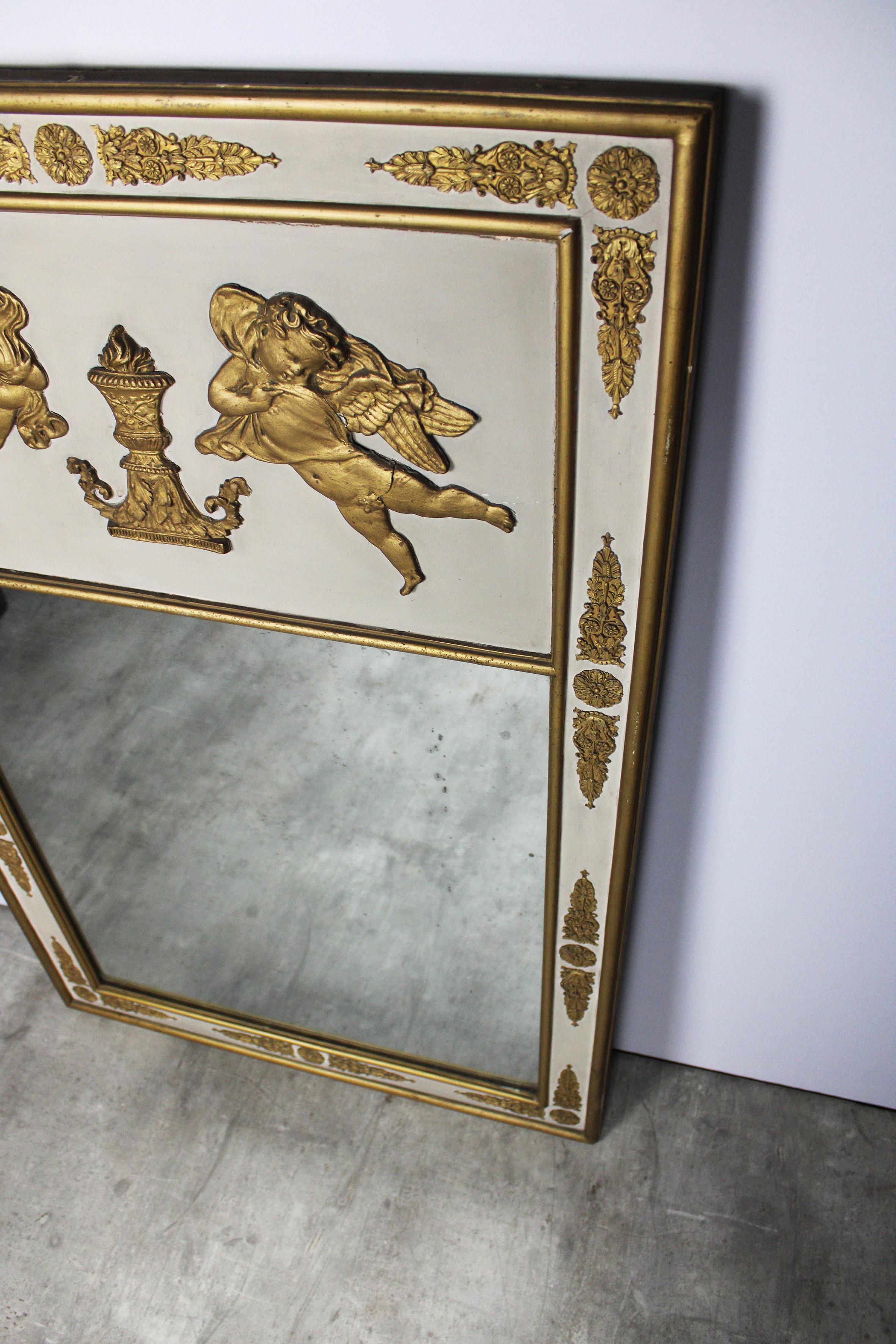 Hand-Crafted Mantel Mirror Gold Leaf White Gilt Wood Renaissance Rococo 19th Century France For Sale