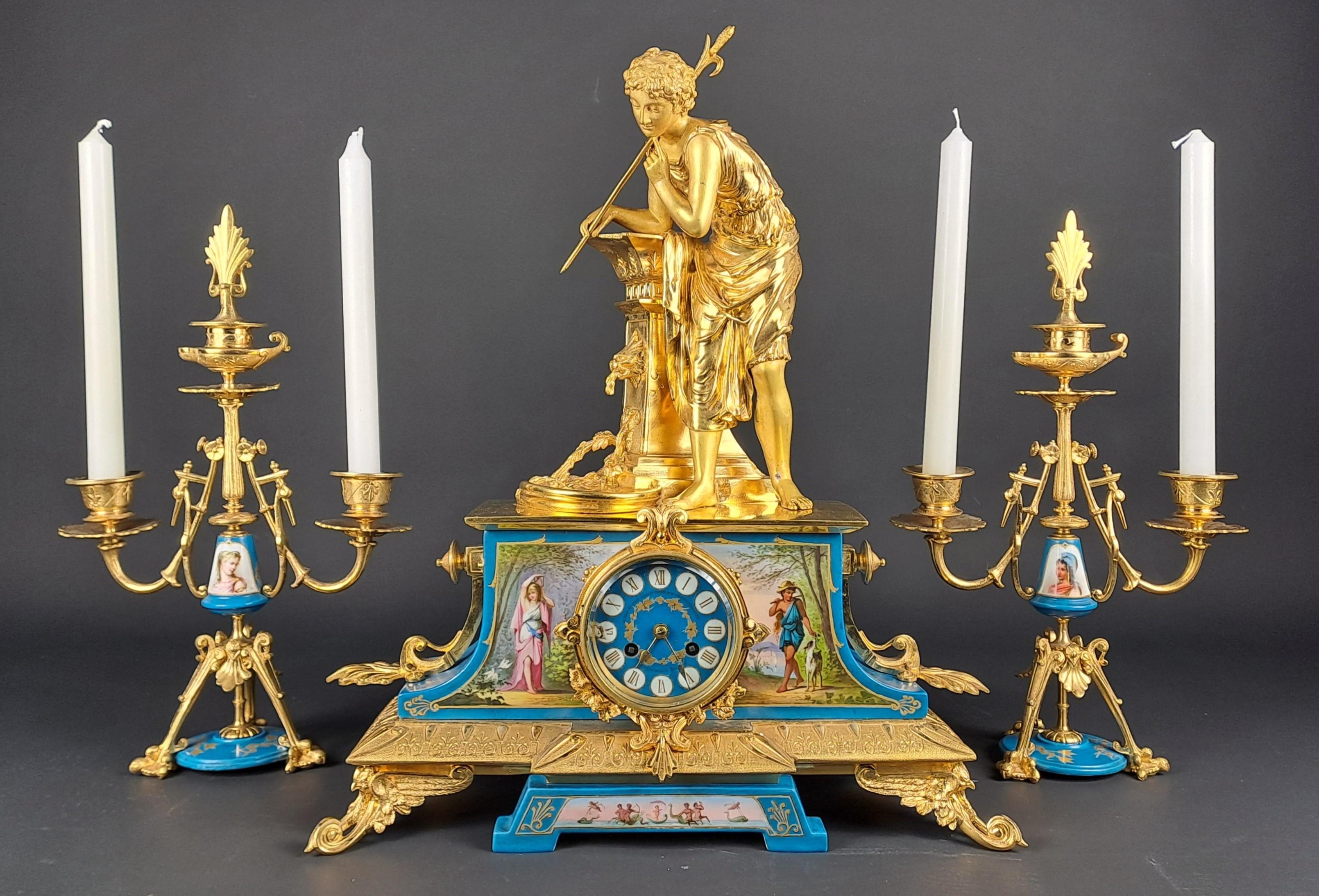French Mantel Set Signed Le Roy In Gilt Bronze And Sèvres Porcelain For Sale