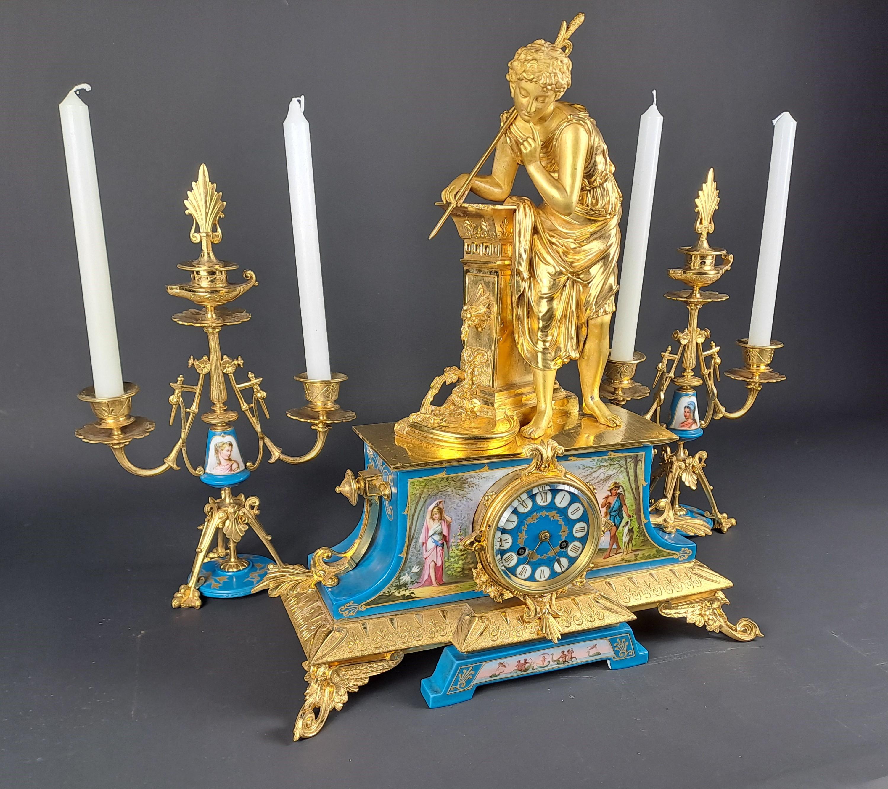 Mantel Set Signed Le Roy In Gilt Bronze And Sèvres Porcelain For Sale 3