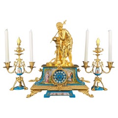 Kaminbesteck, signiert Le Roy, vergoldete Bronze und Sèvres-Porzellan
