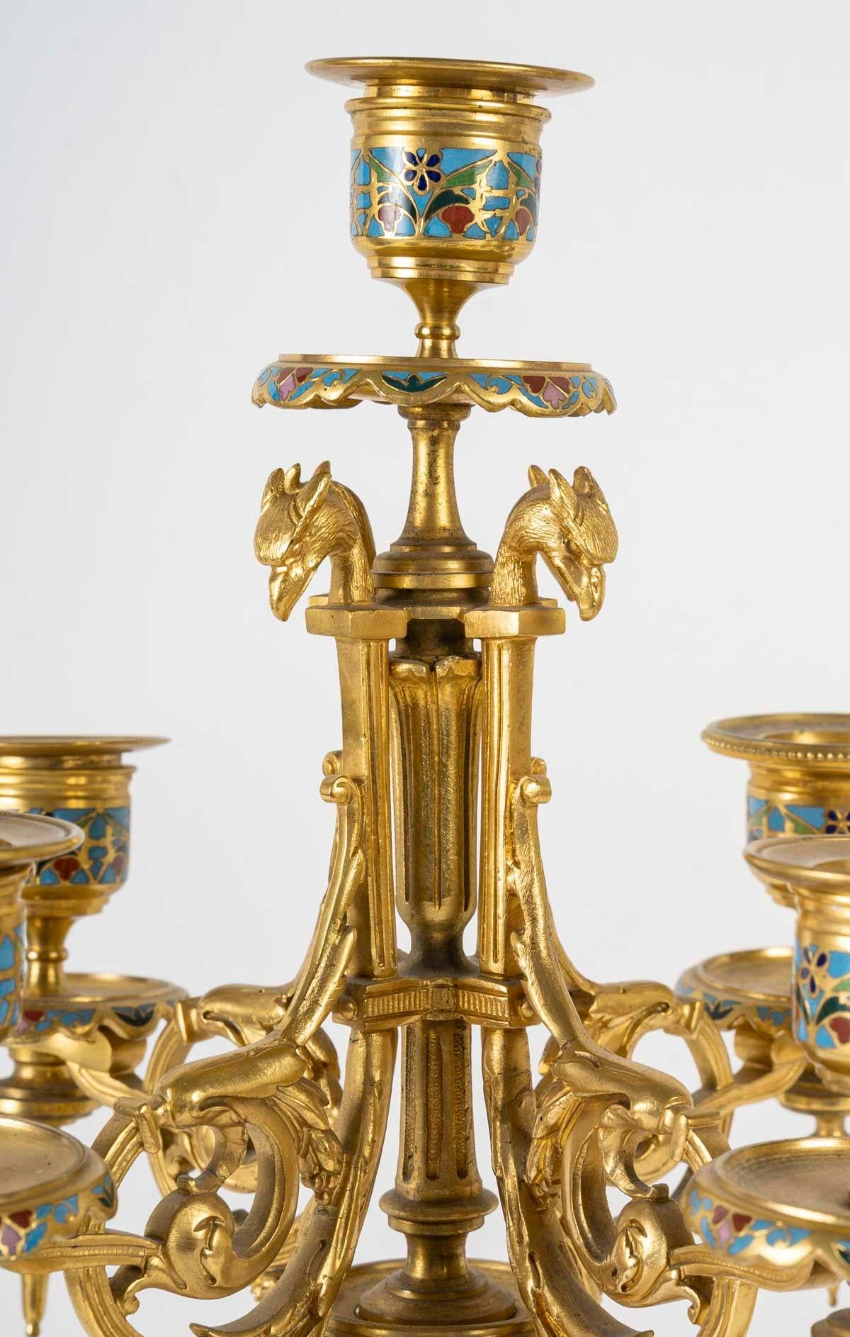 Cheminée et chandeliers en bronze doré et cloisonné, période Napoléon. Bon état - En vente à Saint-Ouen, FR