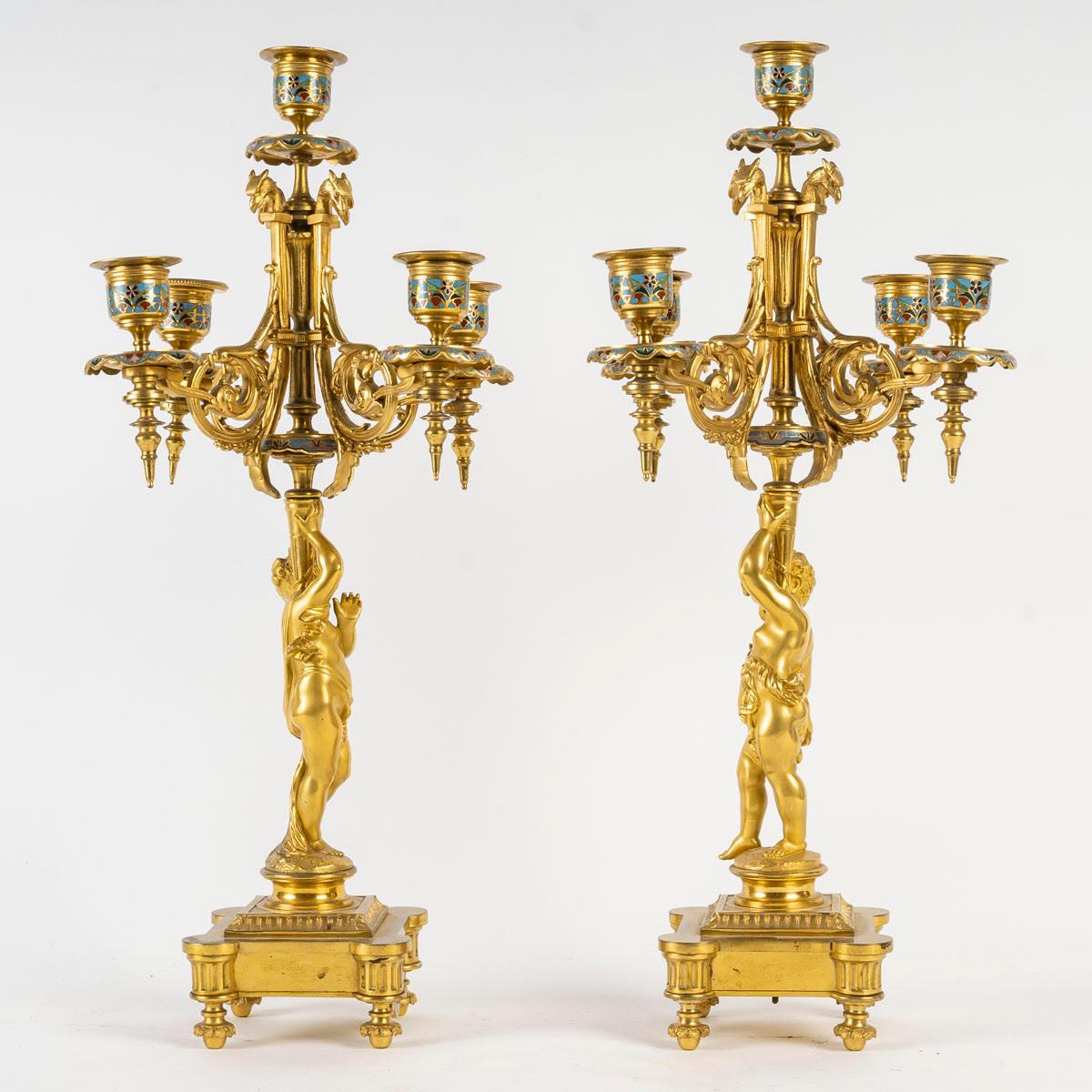 19th Century Mantelpiece and Candelabras in Gilt and Cloisonné Bronze, Napoleon Period. For Sale