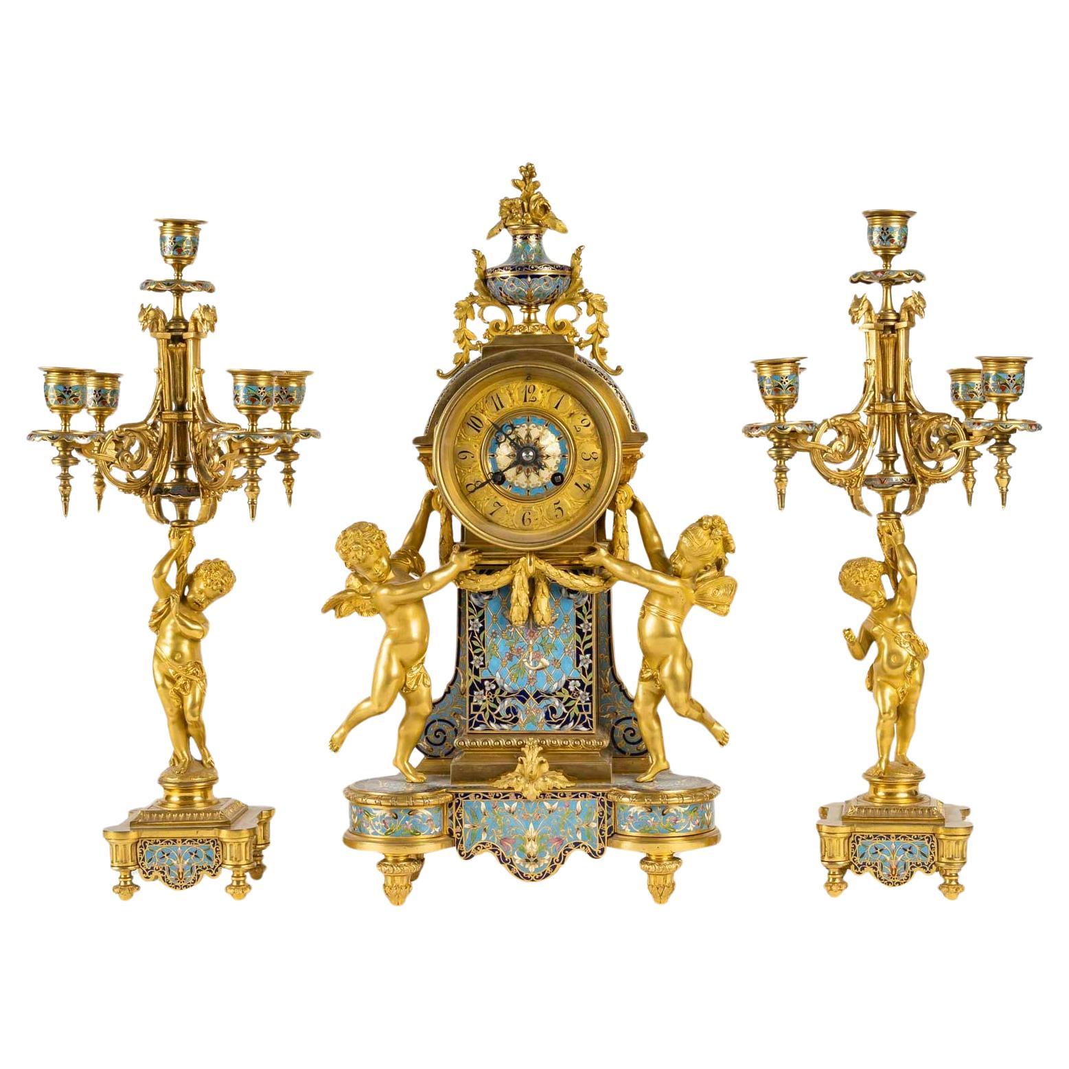 Mantelpiece and Candelabras in Gilt and Cloisonné Bronze, Napoleon Period. For Sale