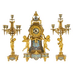 Mantelpiece and Candelabras in Gilt and Cloisonné Bronze, Napoleon Period.