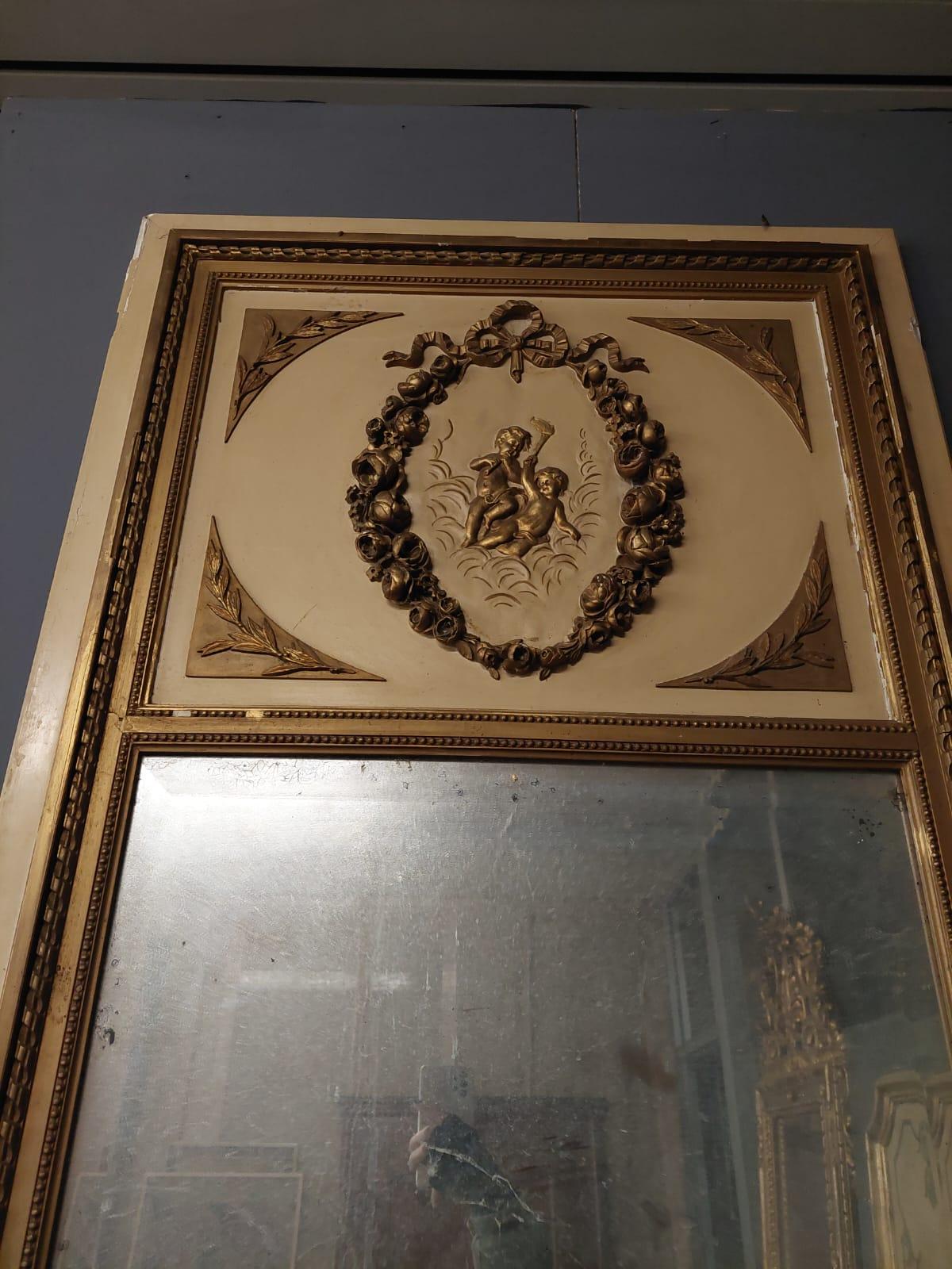 Carved Mantelpiece or boiserie mirror in lacquered and carved wood, gilded decorations For Sale