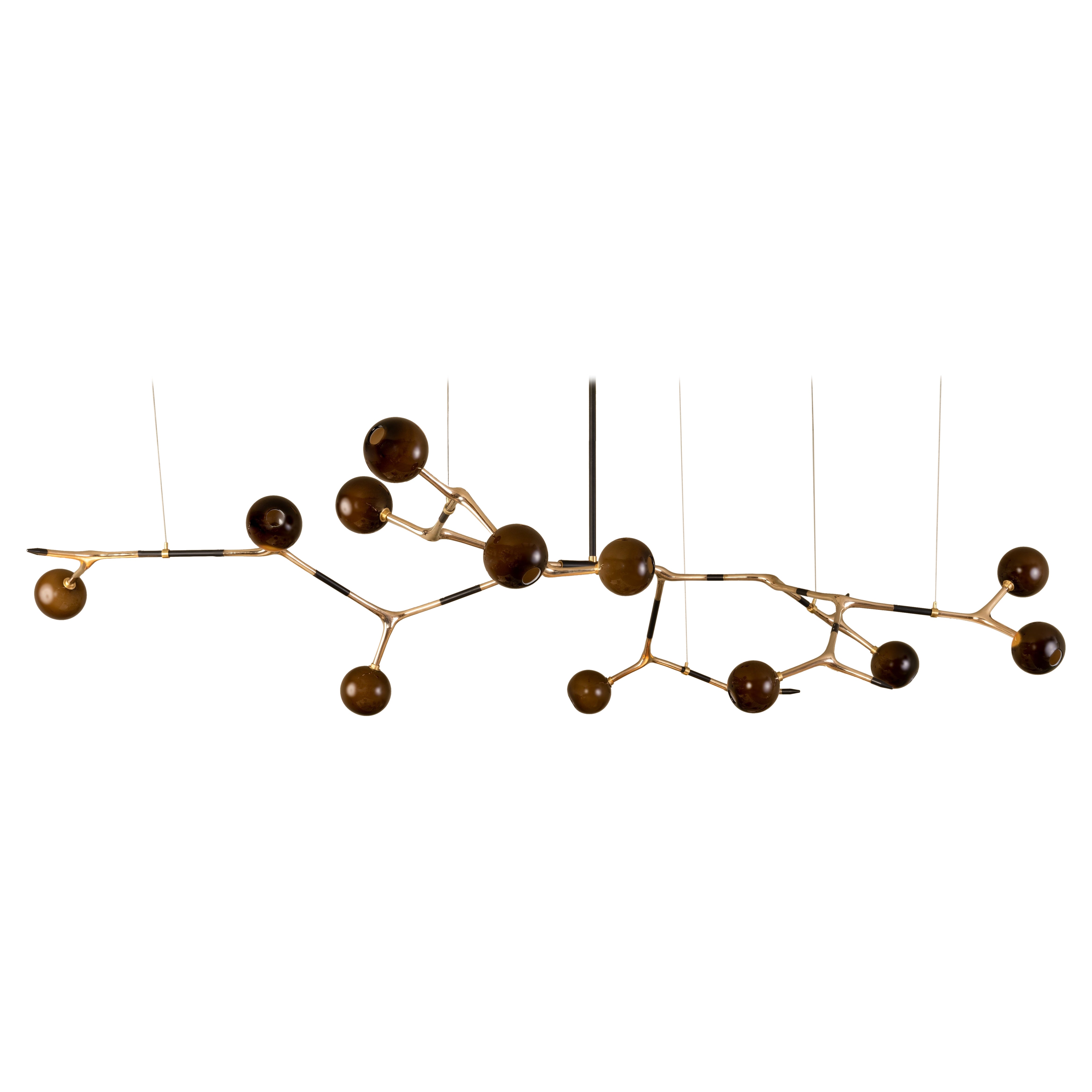 Lampe à suspension Mantis 13 sculpturale en verre café et bronze poli par Isabel Moncada en vente