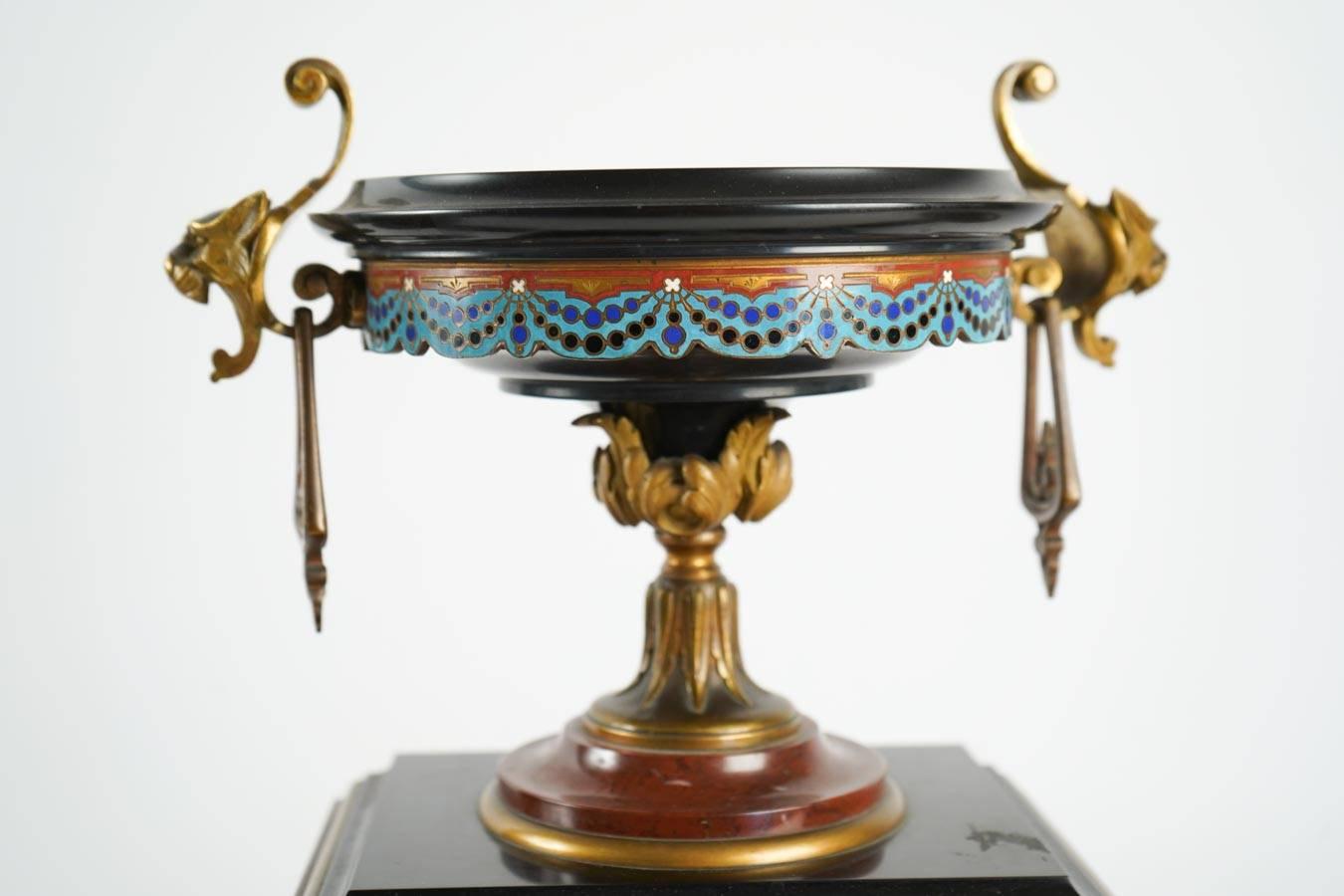 Gilt Mantle Clock Napoleon III, Eugene Cornu Enamel, Cherry and Black Belgian Marble