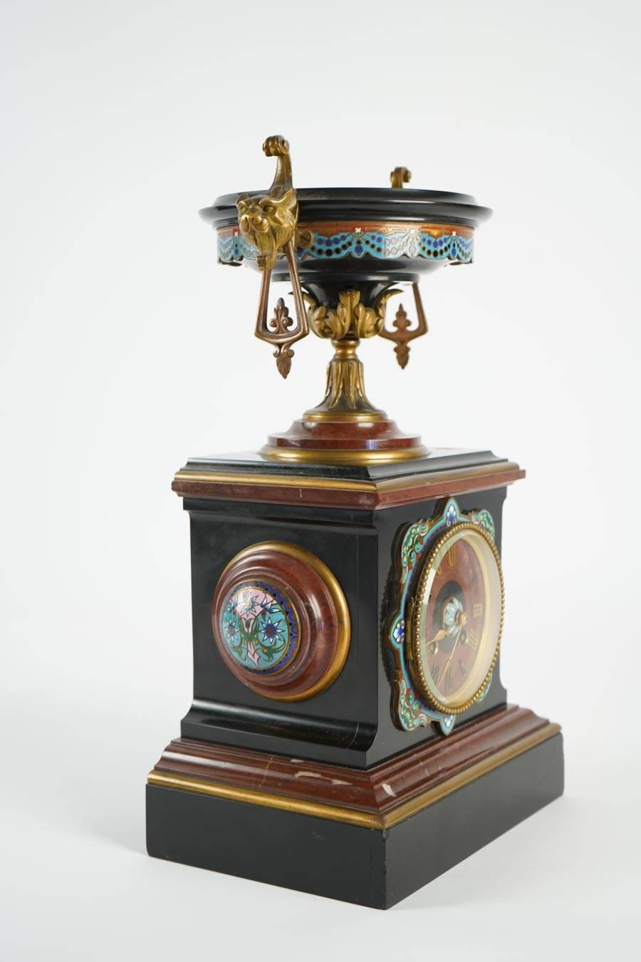 Mantle Clock Napoleon III, Eugene Cornu Enamel, Cherry and Black Belgian Marble In Excellent Condition In Saint-Ouen, FR