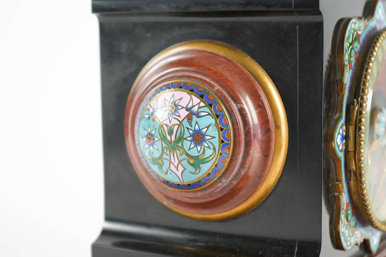 Mantle Clock Napoleon III, Eugene Cornu Enamel, Cherry and Black Belgian Marble 1
