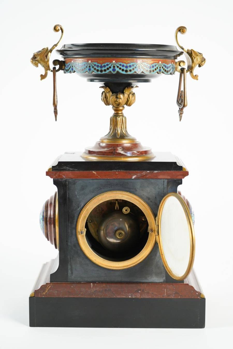 Mantle Clock Napoleon III, Eugene Cornu Enamel, Cherry and Black Belgian Marble 2