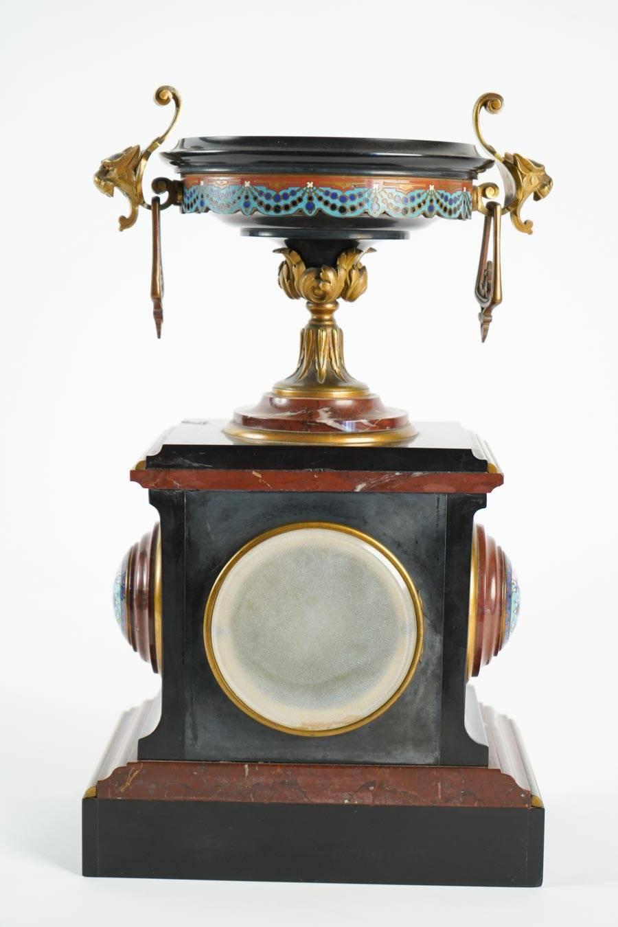 Mantle Clock Napoleon III, Eugene Cornu Enamel, Cherry and Black Belgian Marble 3