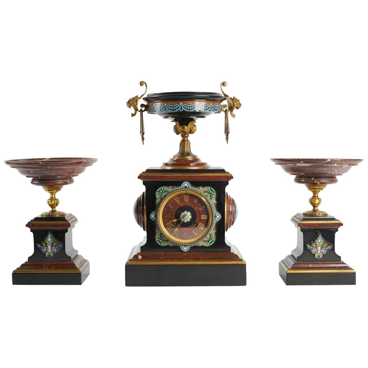 Mantle Clock Napoleon III, Eugene Cornu Enamel, Cherry and Black Belgian Marble
