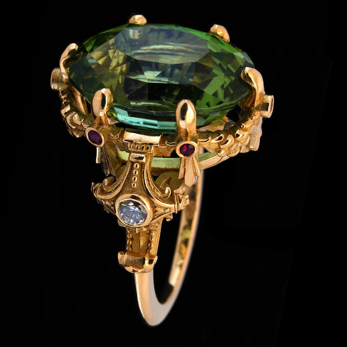 21ct Green Tourmaline, Rubies, Diamonds, & 18k Yellow Gold Antique Style Ring For Sale 3