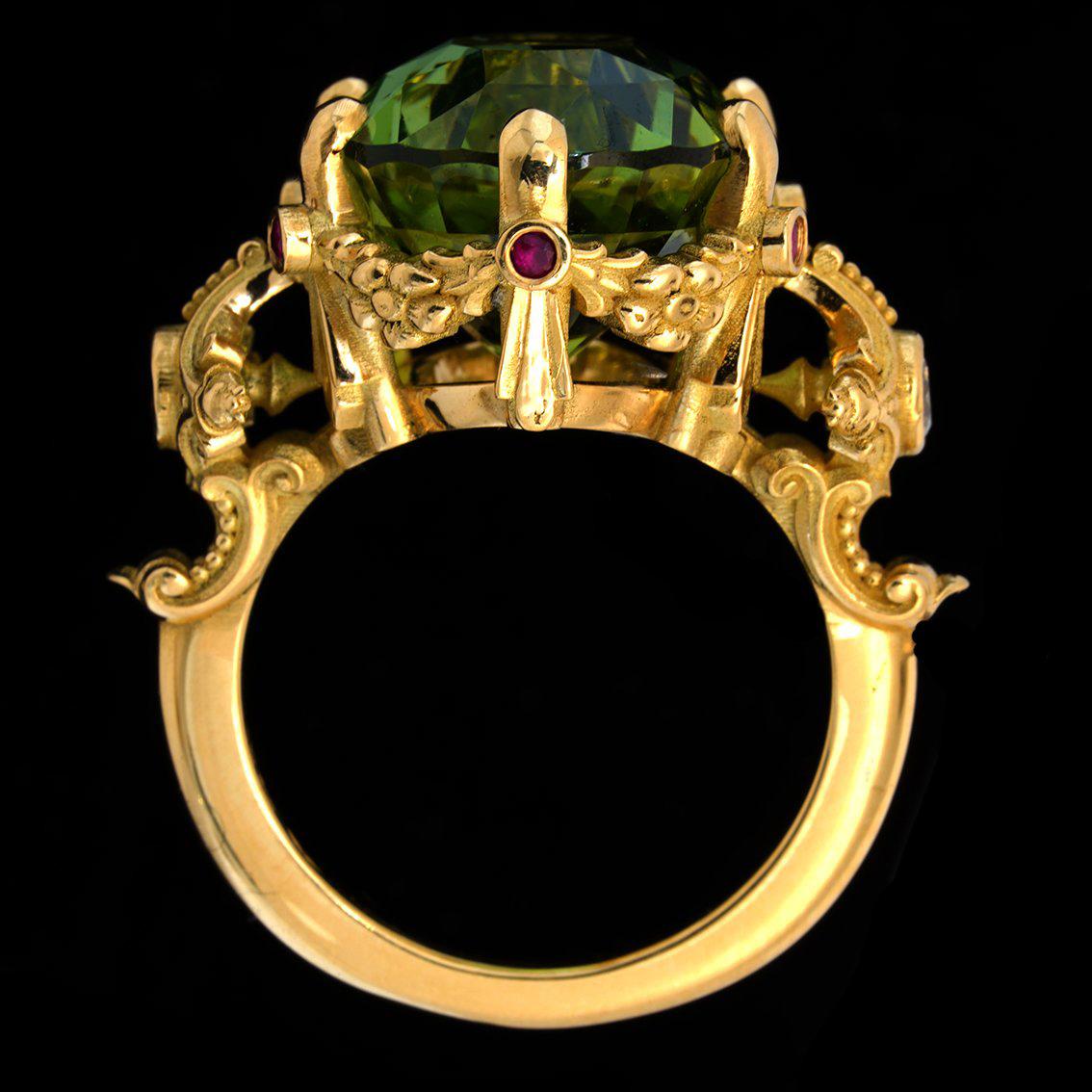 21ct Green Tourmaline, Rubies, Diamonds, & 18k Yellow Gold Antique Style Ring For Sale 4